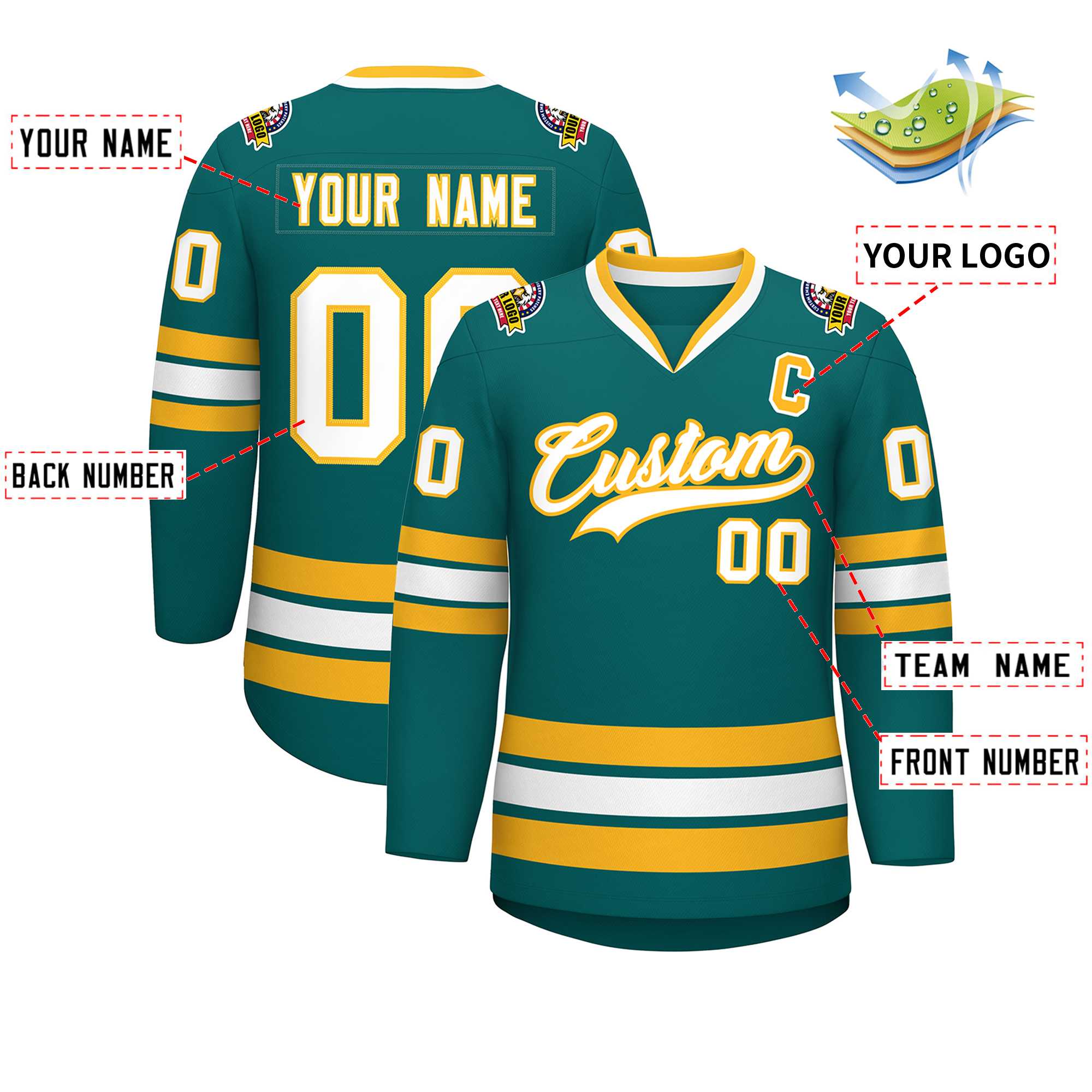 Custom Aqua White-Gold Classic Style Hockey Jersey