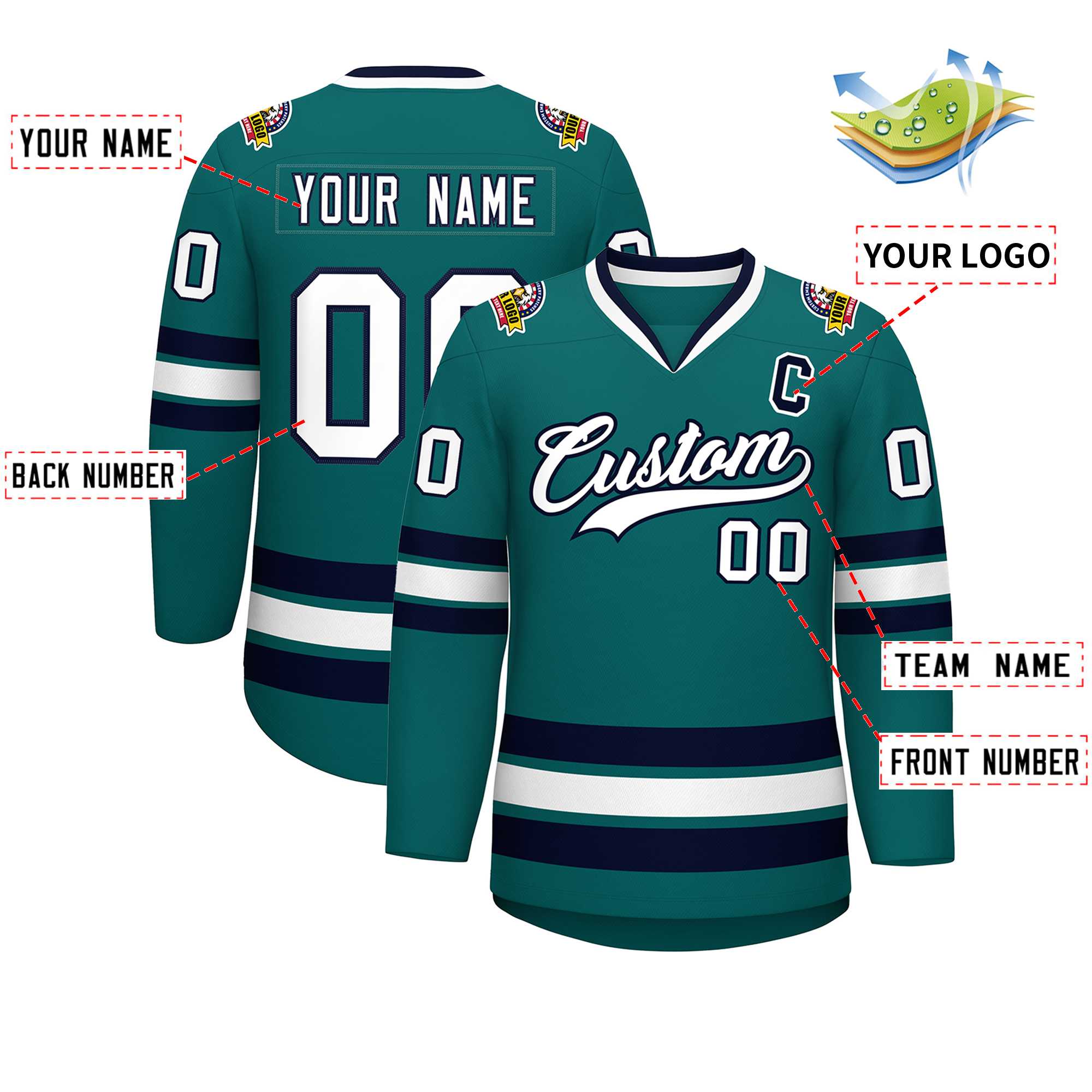 Maillot de hockey de style classique Aqua blanc-marine personnalisé