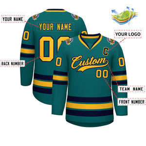 Custom Aqua Gold-Navy Classic Style Hockey Jersey