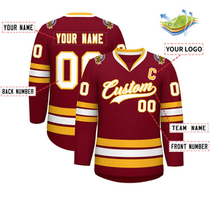 Custom Crimson White-Gold Classic Style Hockey Jersey