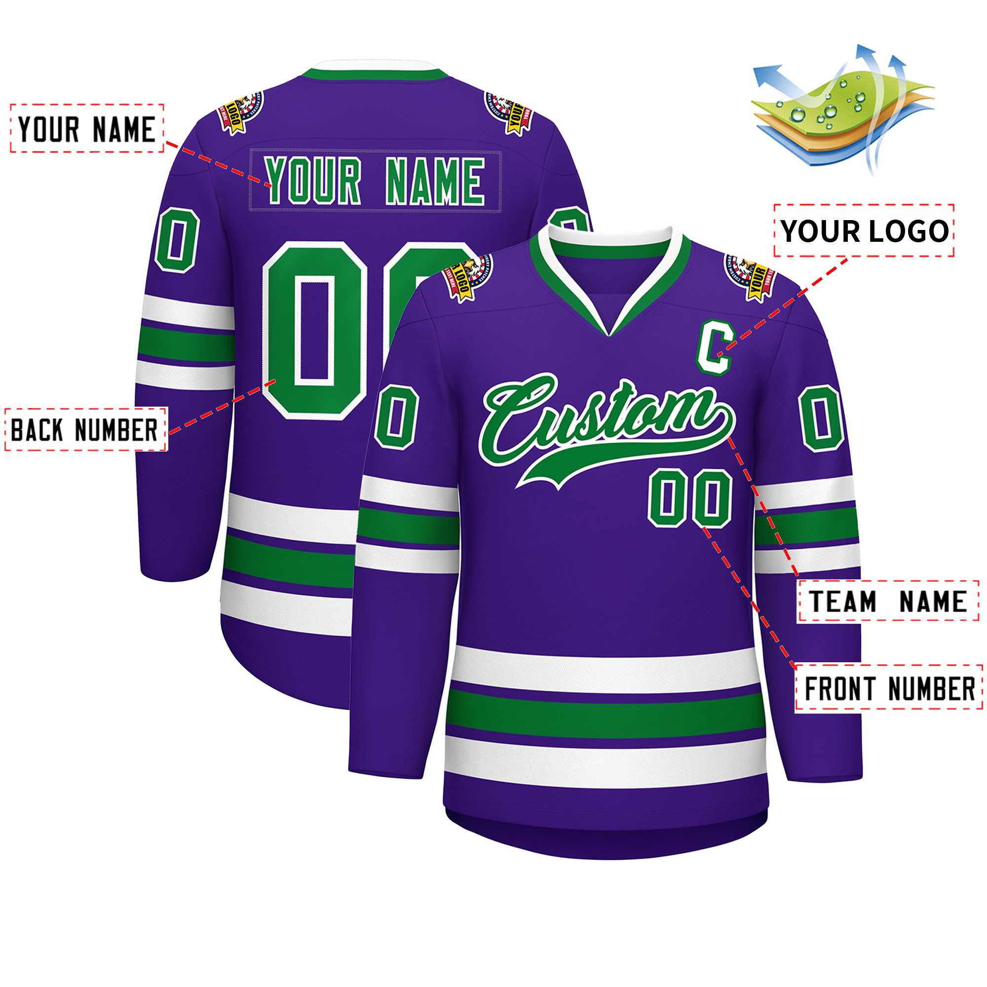 Maillot de hockey de style classique violet Kelly vert-blanc personnalisé