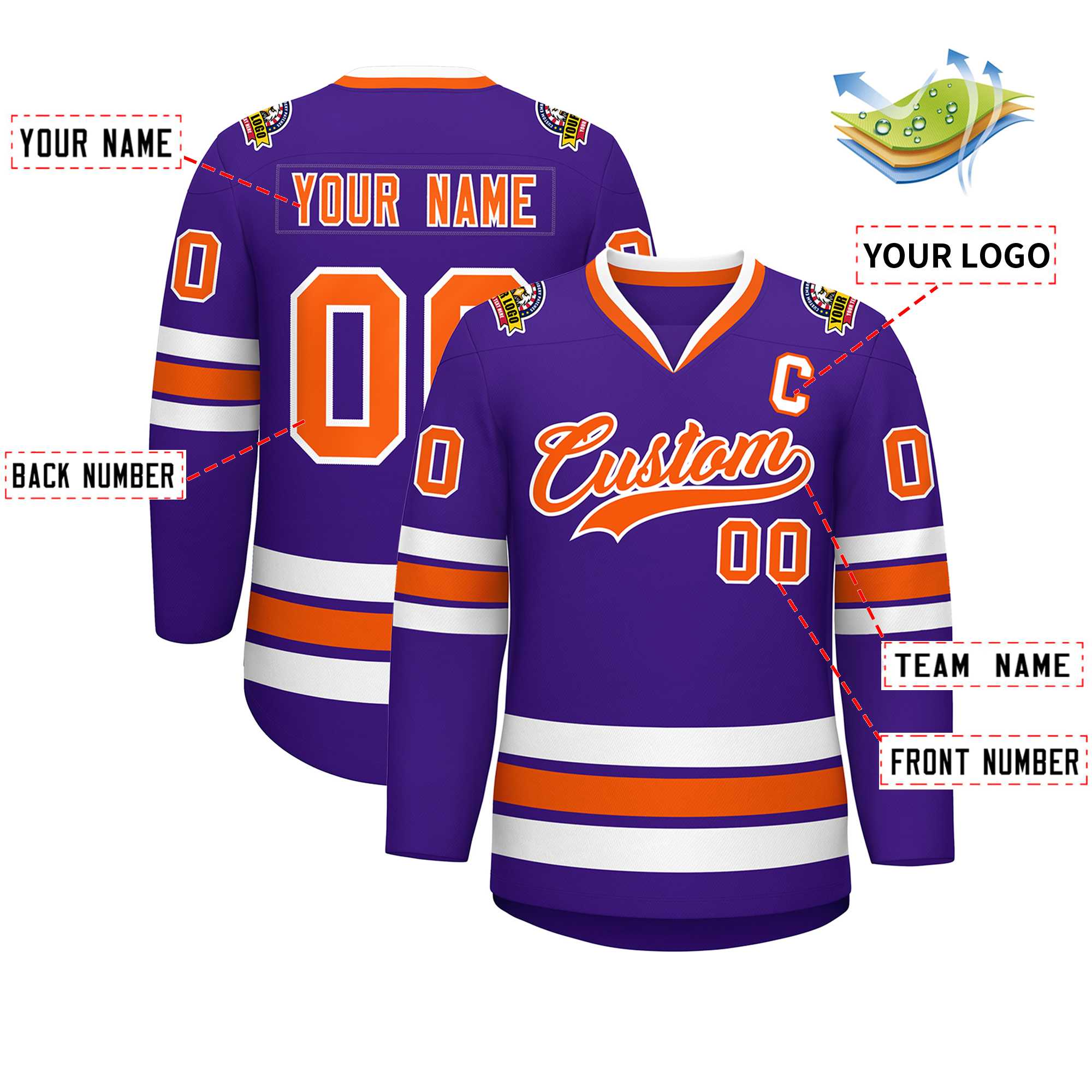 Maillot de hockey de style classique violet orange-blanc personnalisé