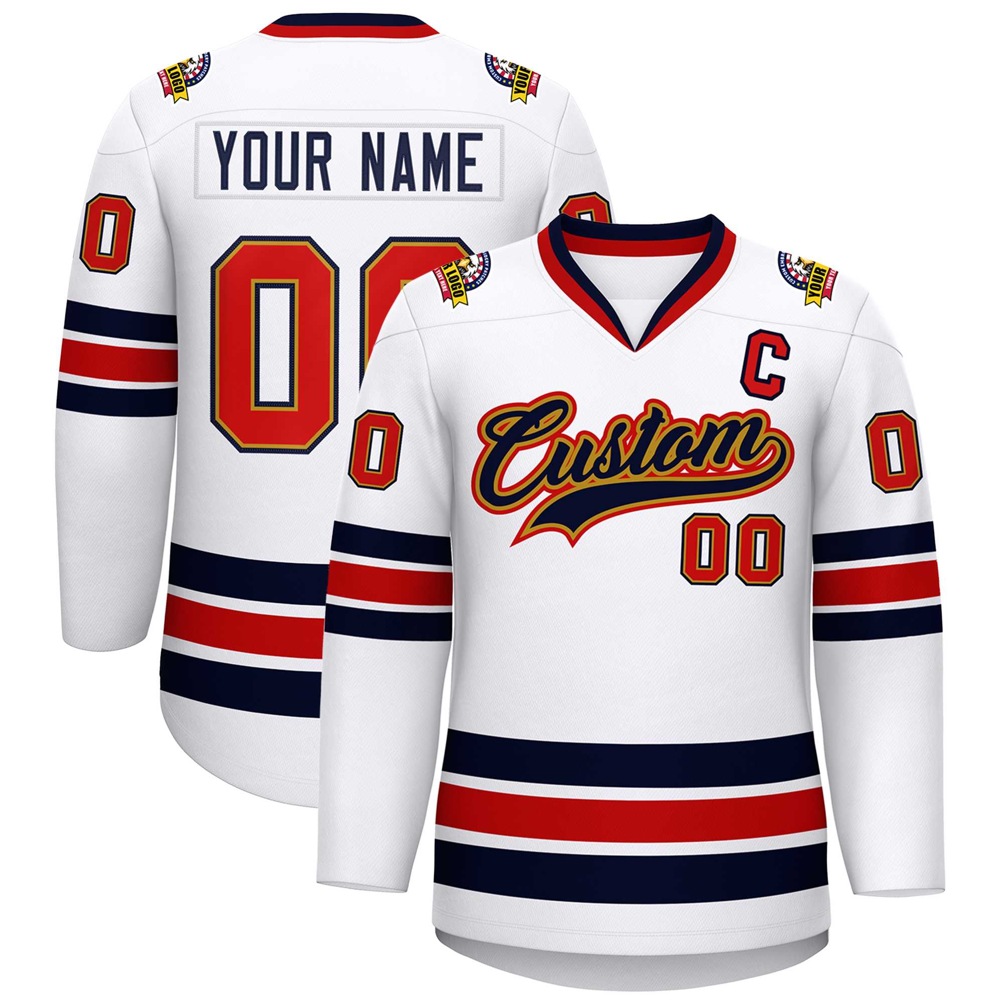 Custom White Navy Old Gold-Red Classic Style Hockey Jersey