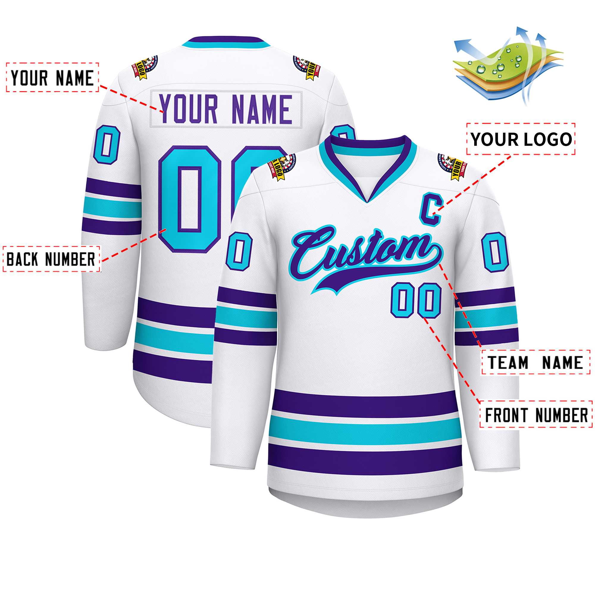 Maillot de hockey de style classique personnalisé blanc violet-bleu poudré