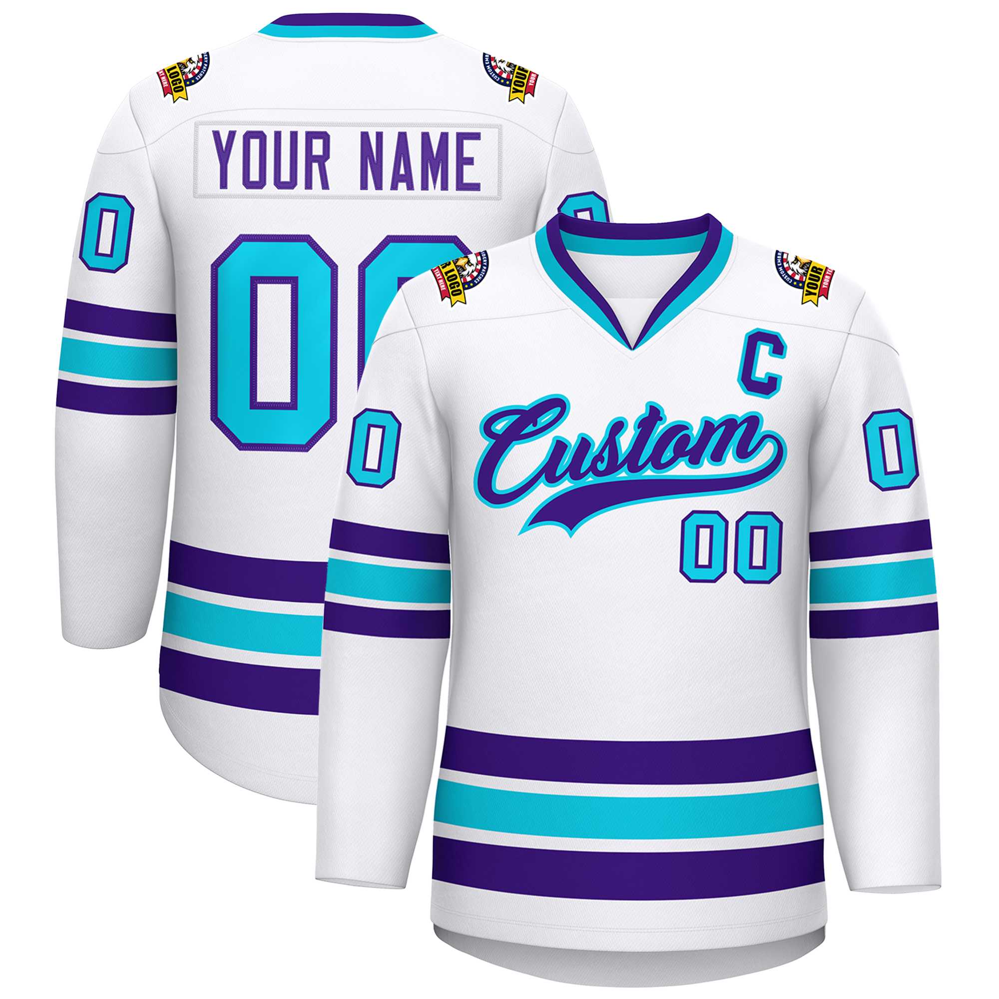 Maillot de hockey de style classique personnalisé blanc violet-bleu poudré