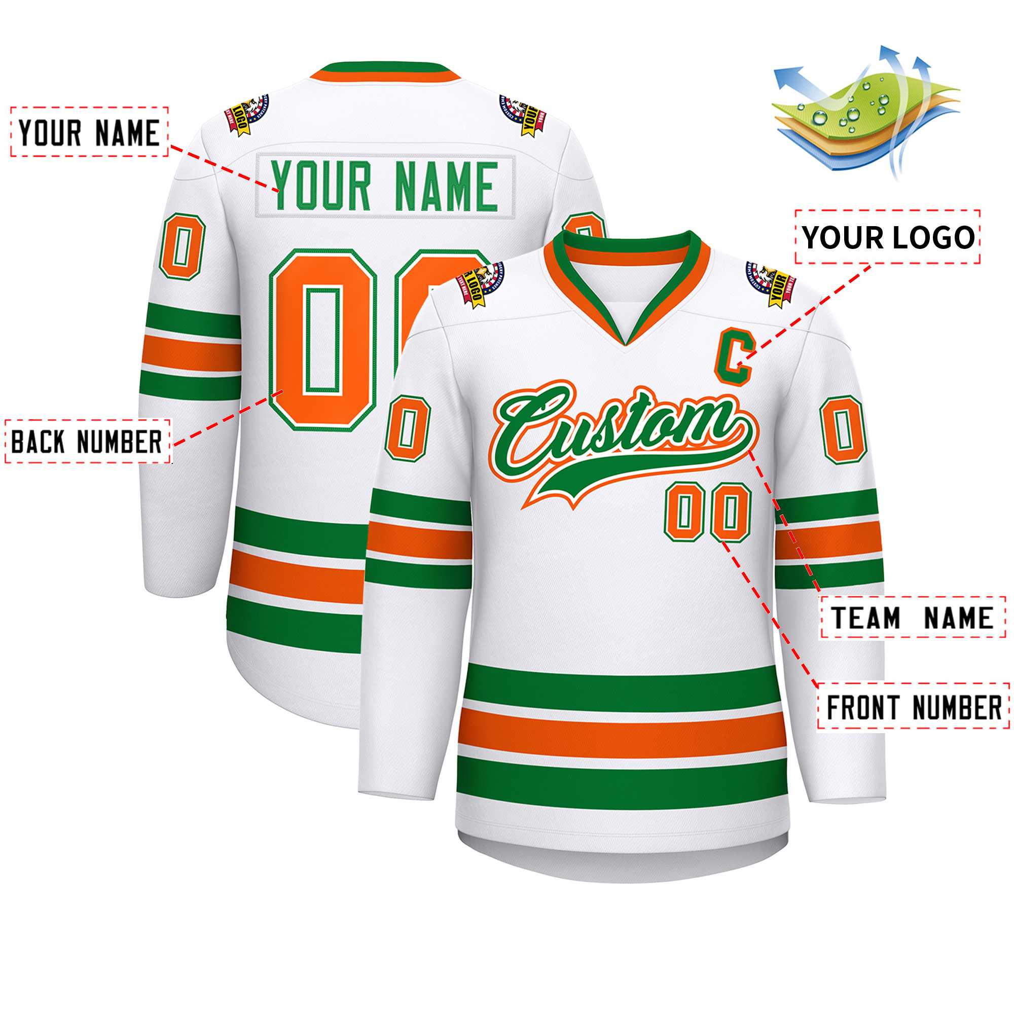 Maillot de hockey personnalisé blanc Kelly vert blanc-Orange, style classique