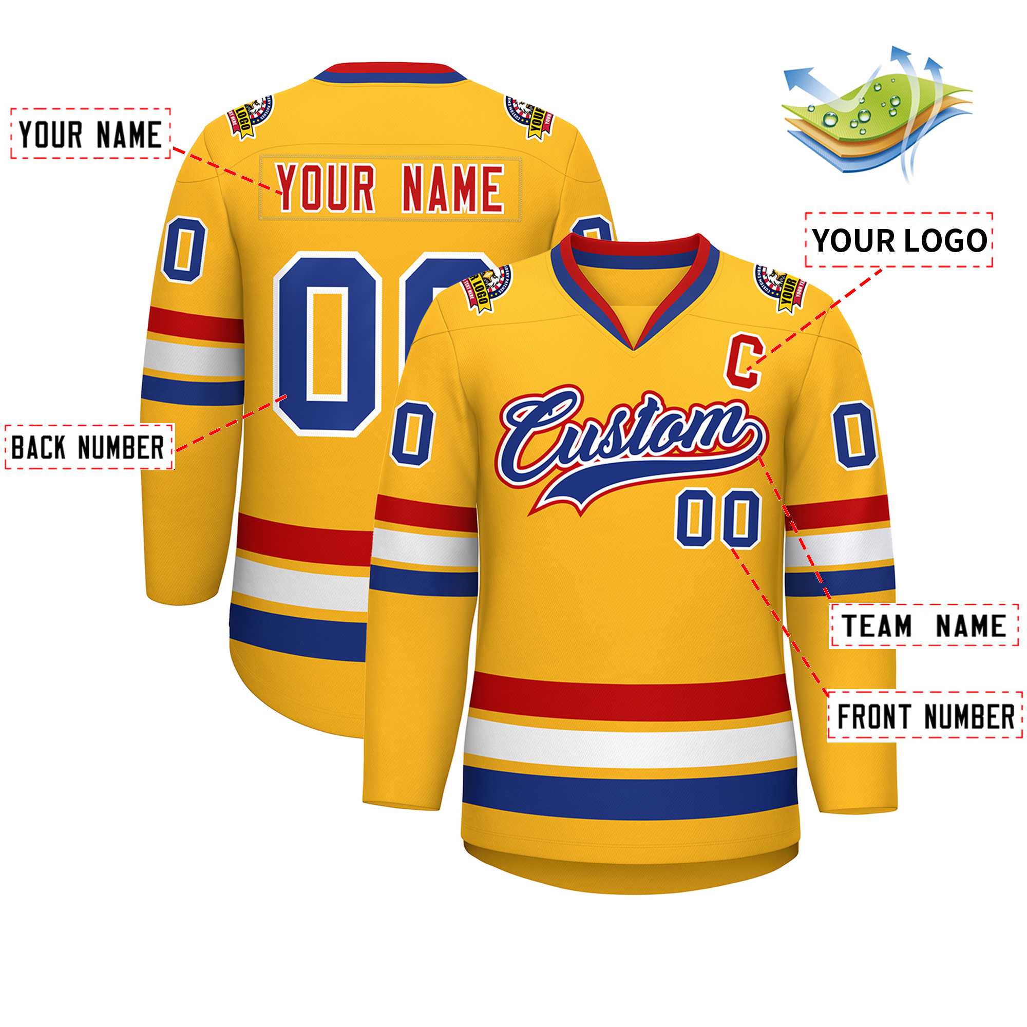 Custom Gold Royal White-Red Classic Style Hockey Jersey