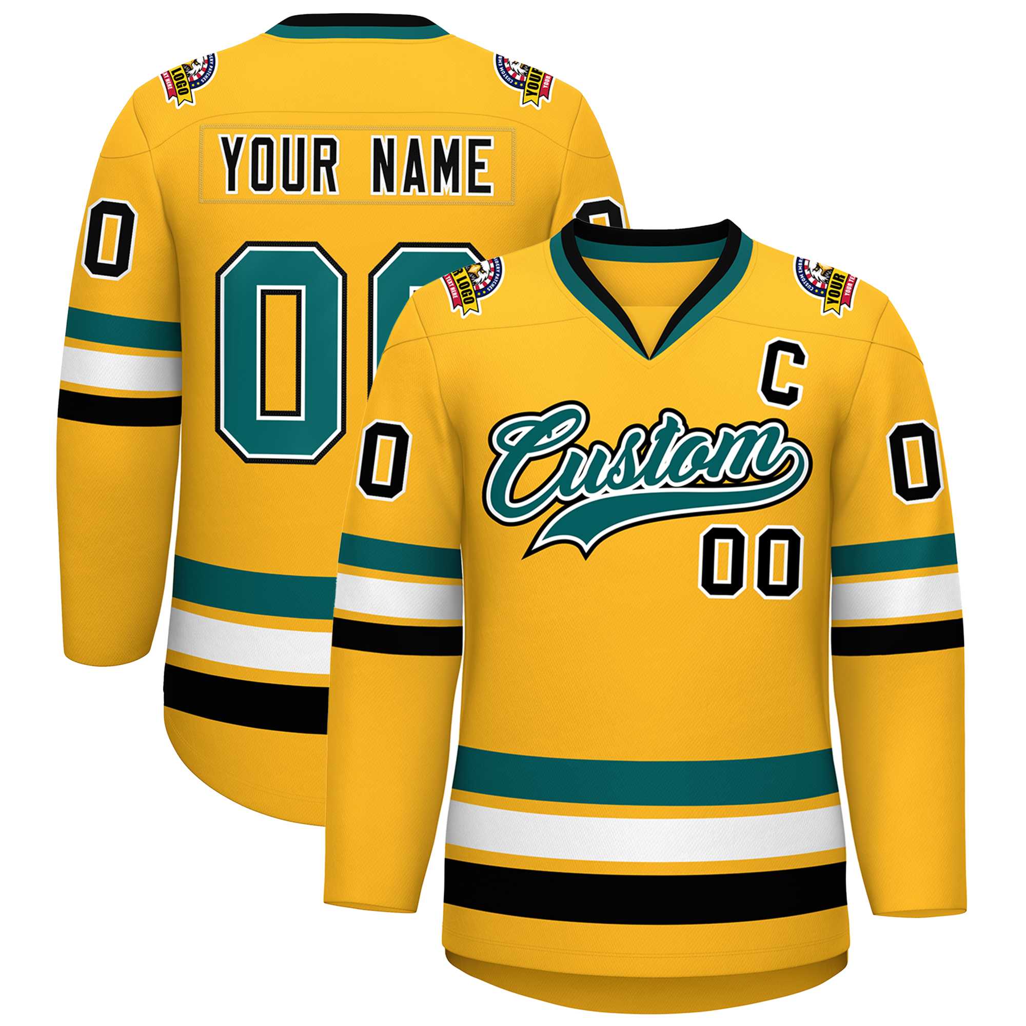 Custom Gold Aqua White-Black Classic Style Hockey Jersey