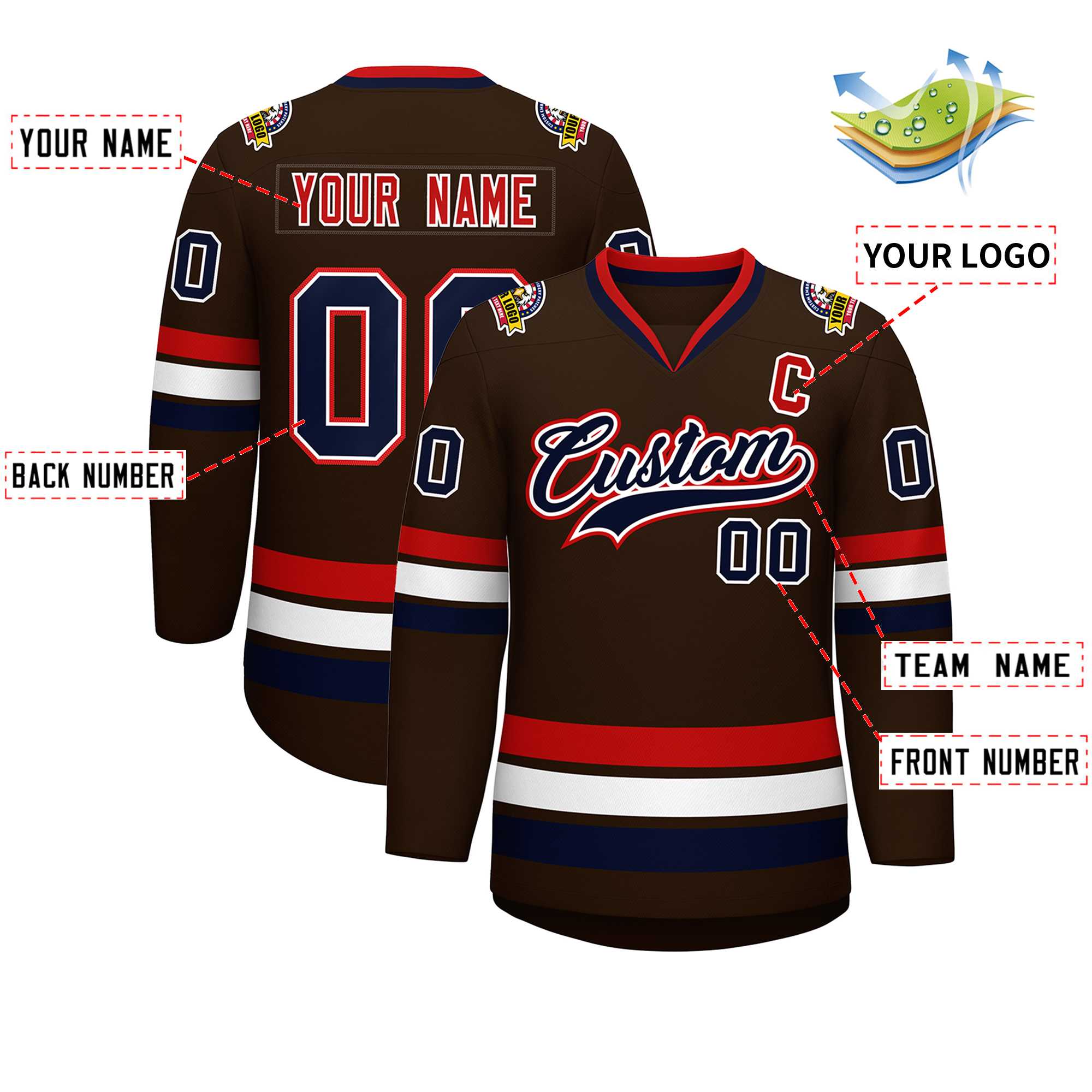 Custom Brown Navy White-Red Classic Style Hockey Jersey