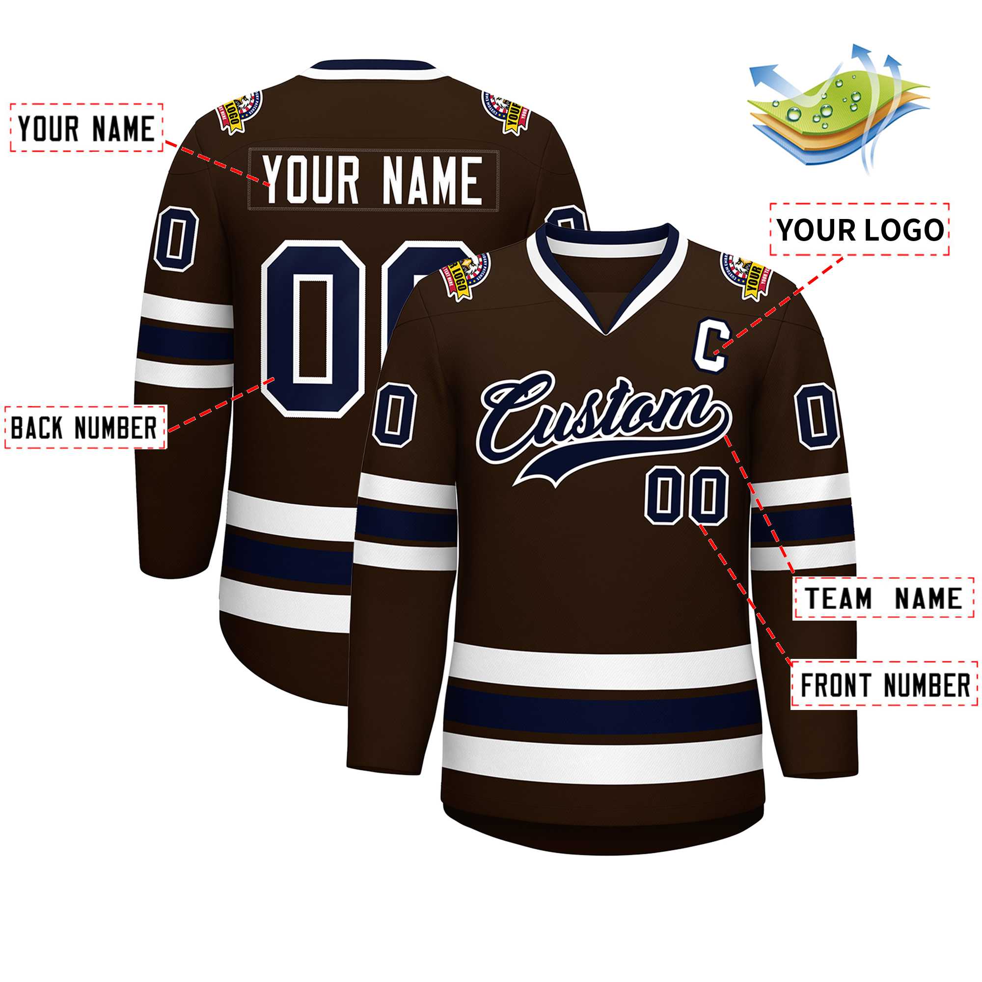 Maillot de hockey de style classique marron marine-blanc personnalisé