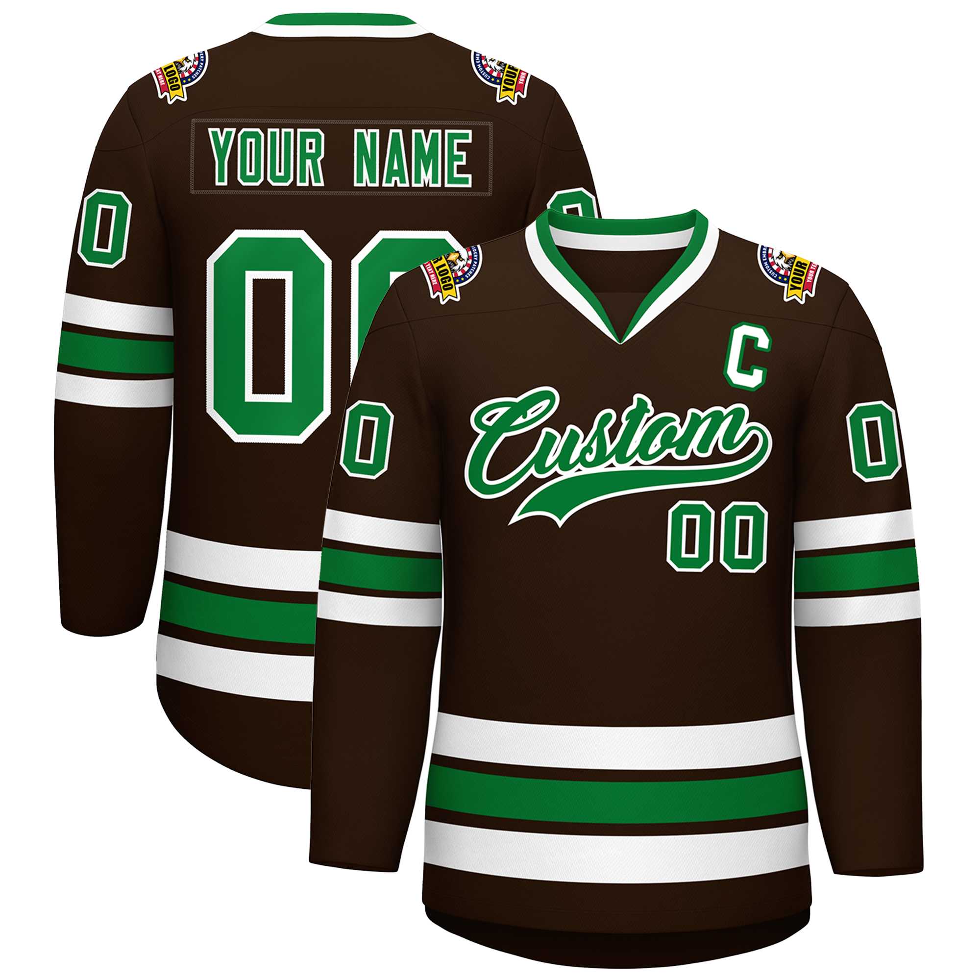 Custom Brown Kelly Green-White Classic Style Hockey Jersey