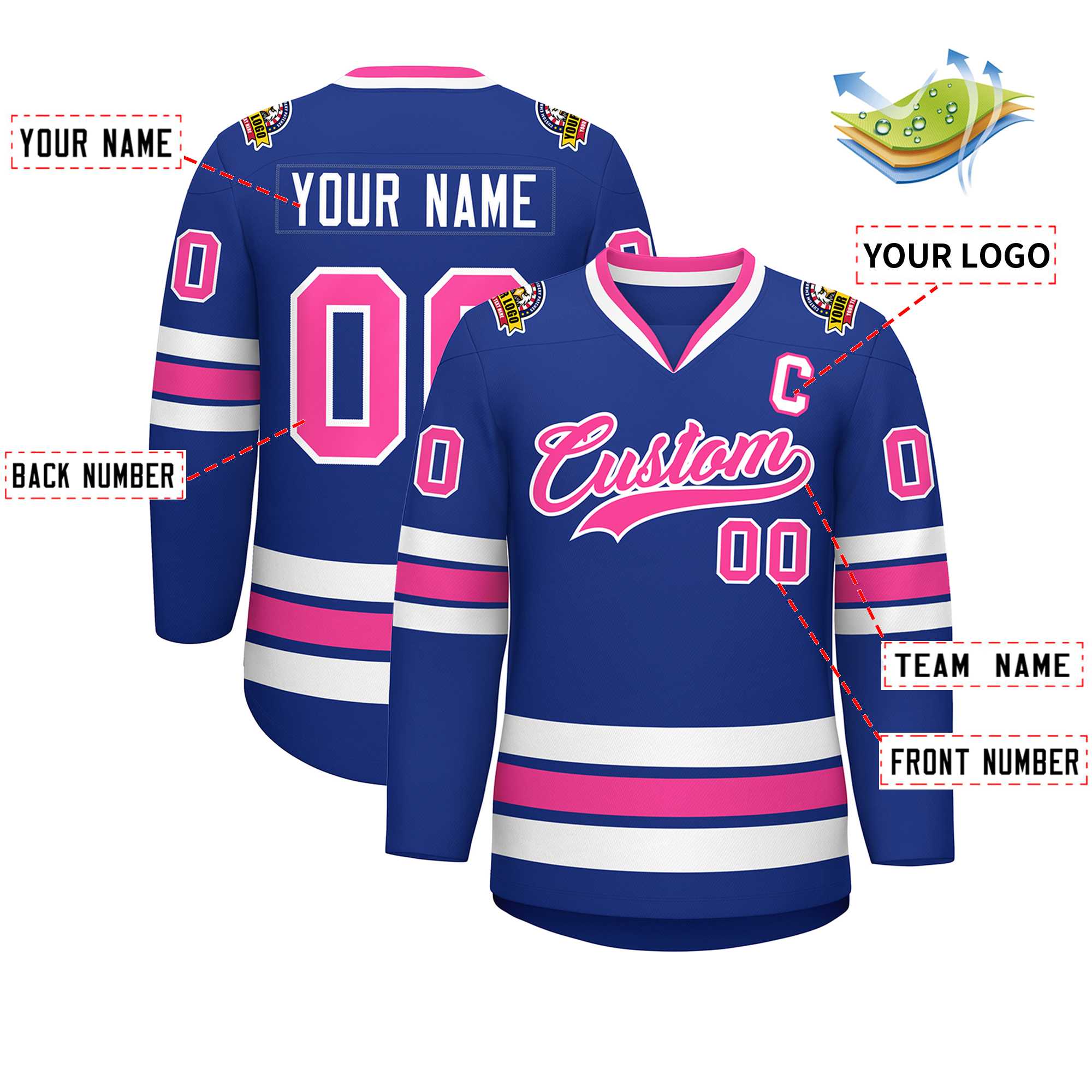 Maillot de hockey personnalisé de style classique rose-blanc royal