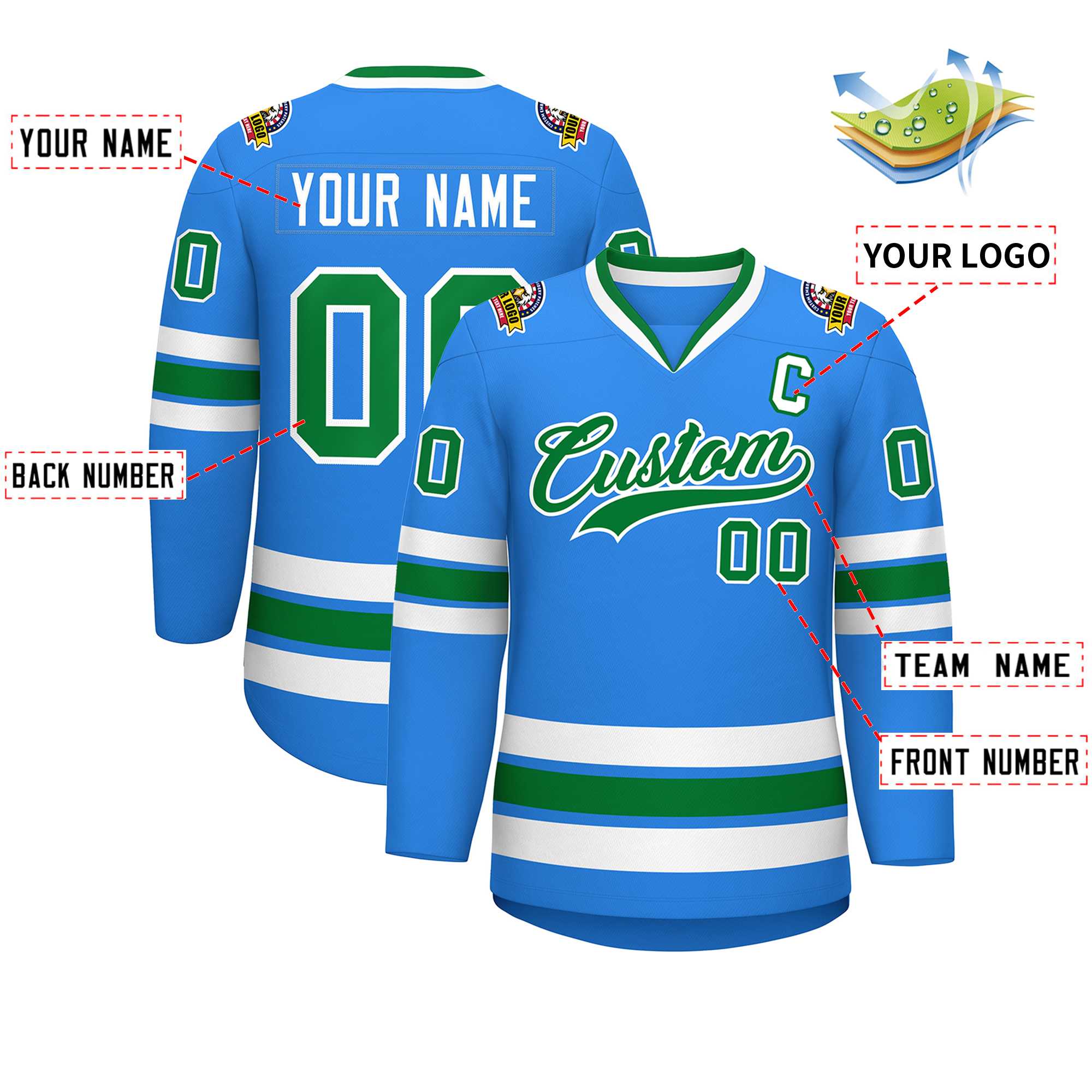 Custom Powder Blue Kelly Green-White Classic Style Hockey Jersey