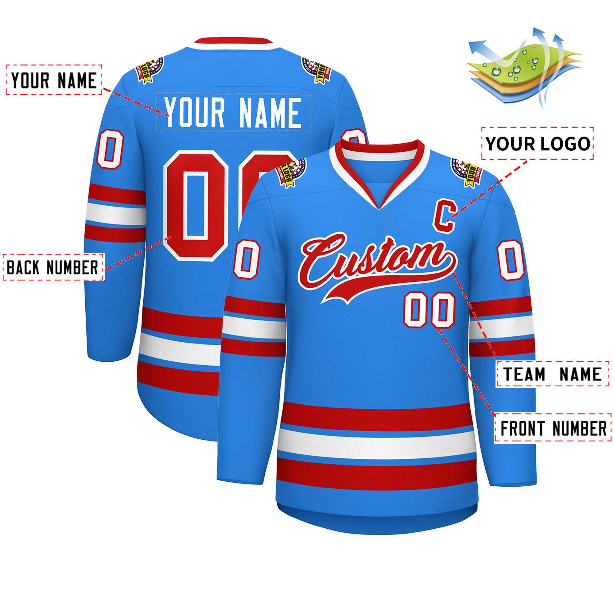 Custom Powder Blue Red-White Classic Style Hockey Jersey