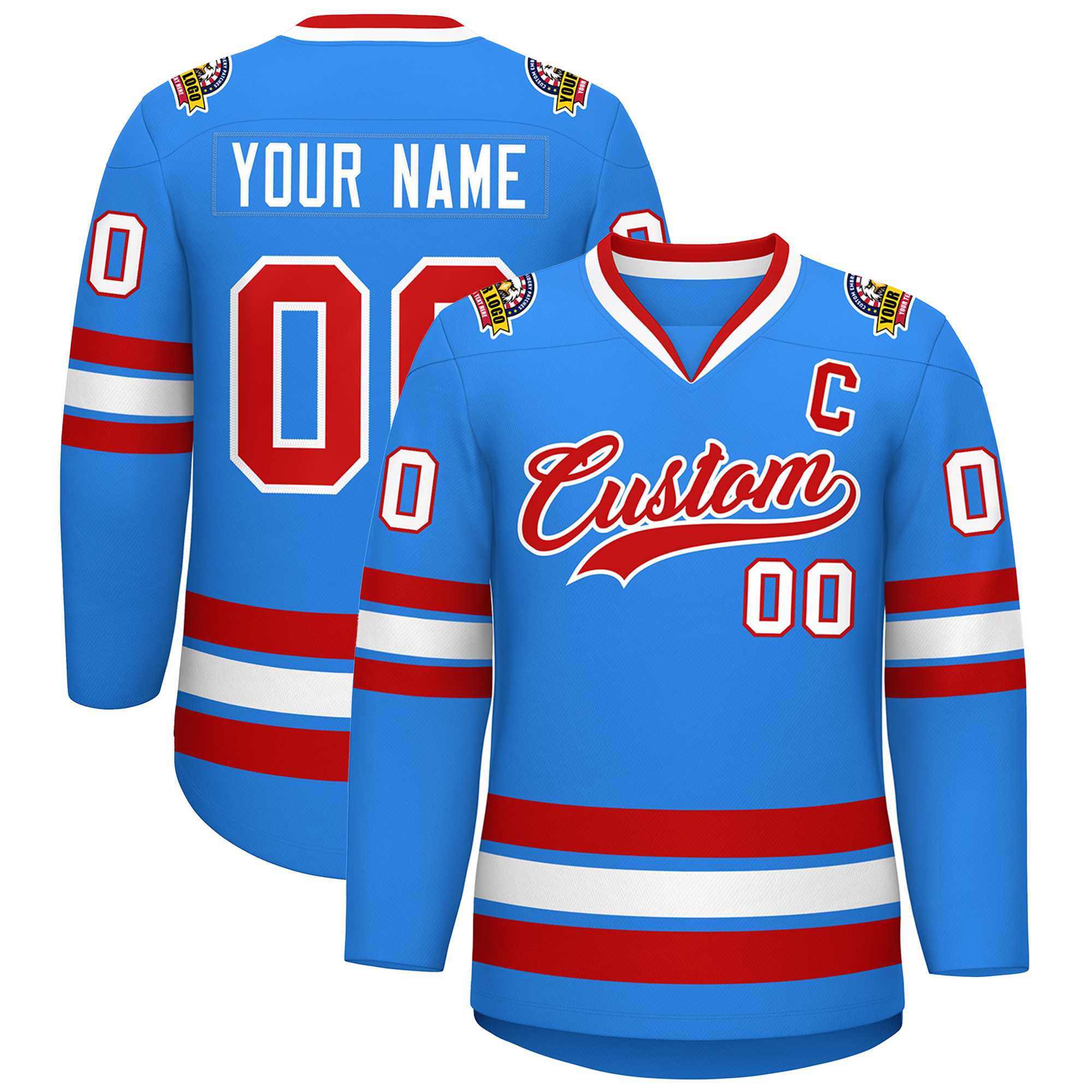 Custom Powder Blue Red-White Classic Style Hockey Jersey