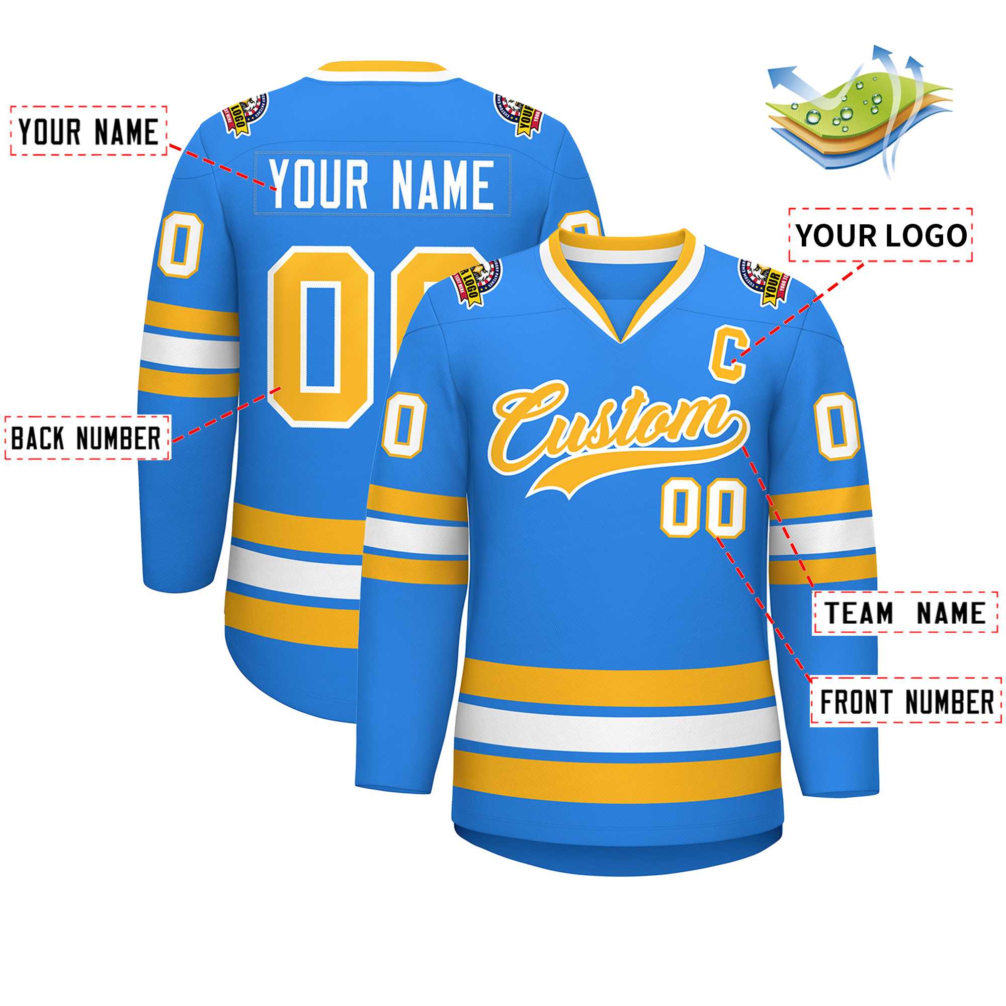 Custom Powder Blue Gold-White Classic Style Hockey Jersey