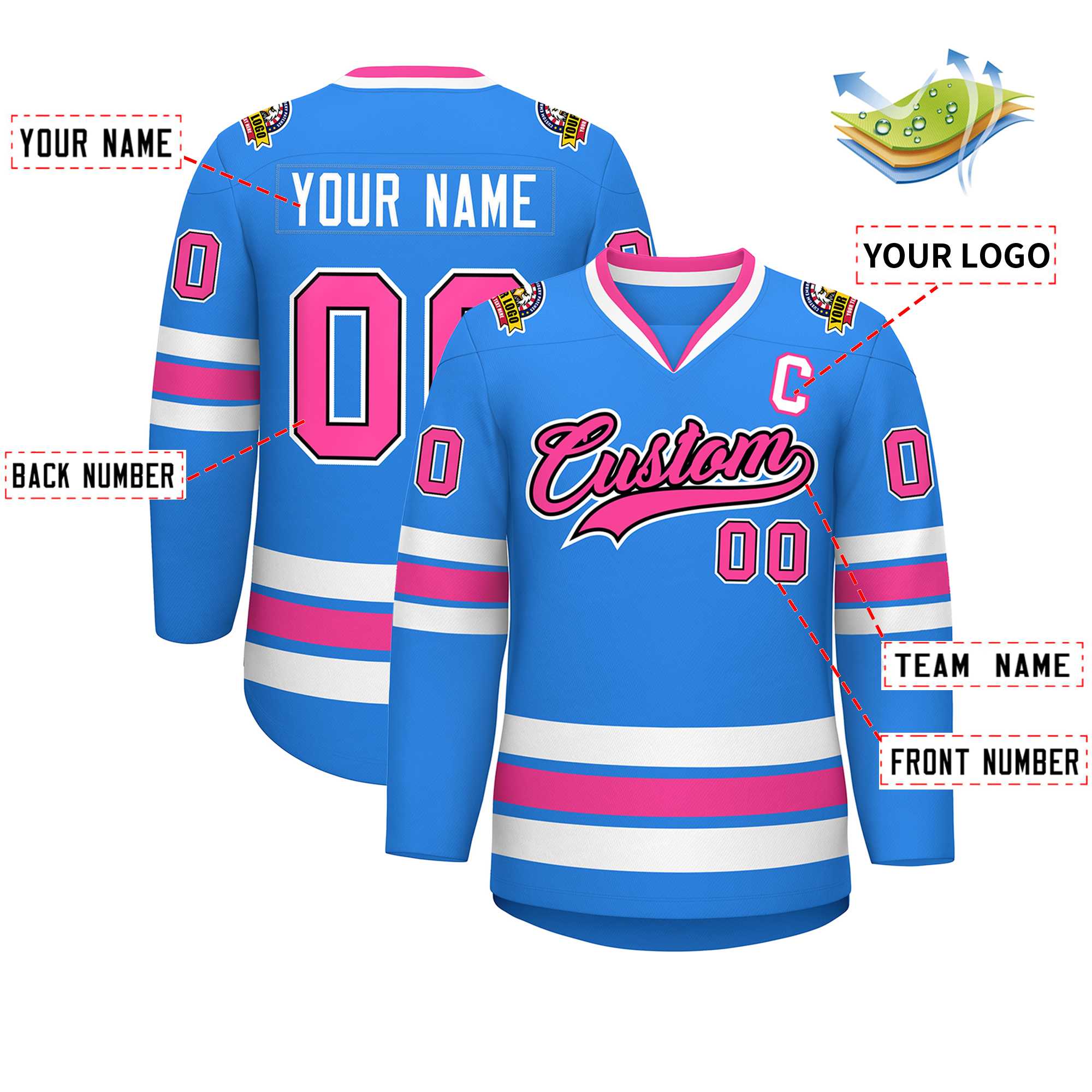 Custom Powder Blue Pink Black-White Classic Style Hockey Jersey