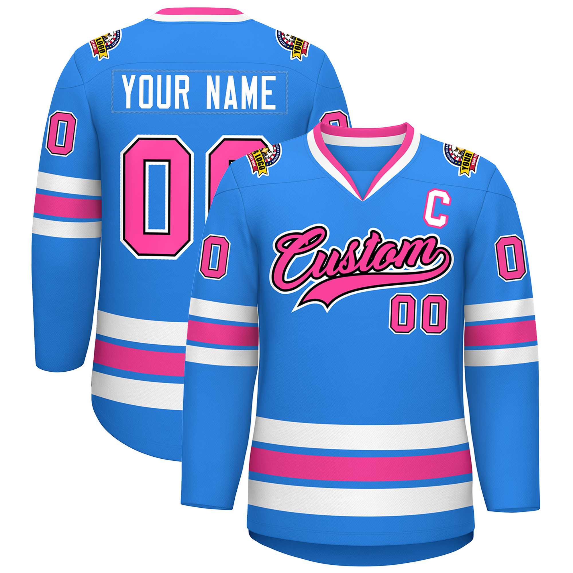 Custom Powder Blue Pink Black-White Classic Style Hockey Jersey