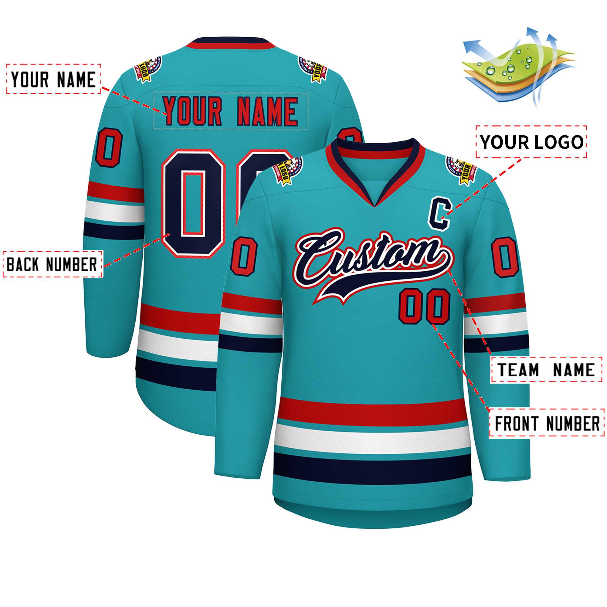 Custom Aqua Navy White-Red Classic Style Hockey Jersey