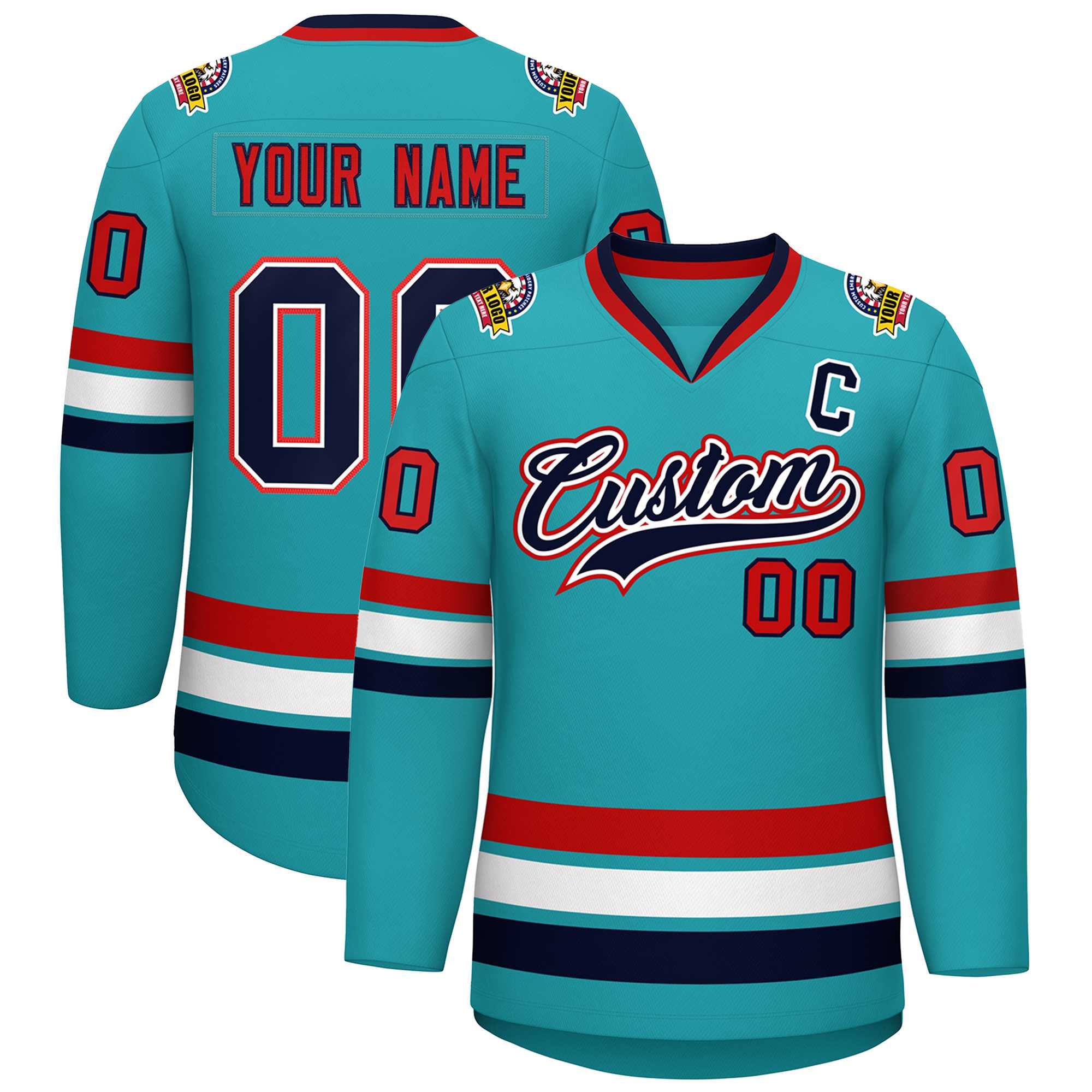 Custom Aqua Navy White-Red Classic Style Hockey Jersey