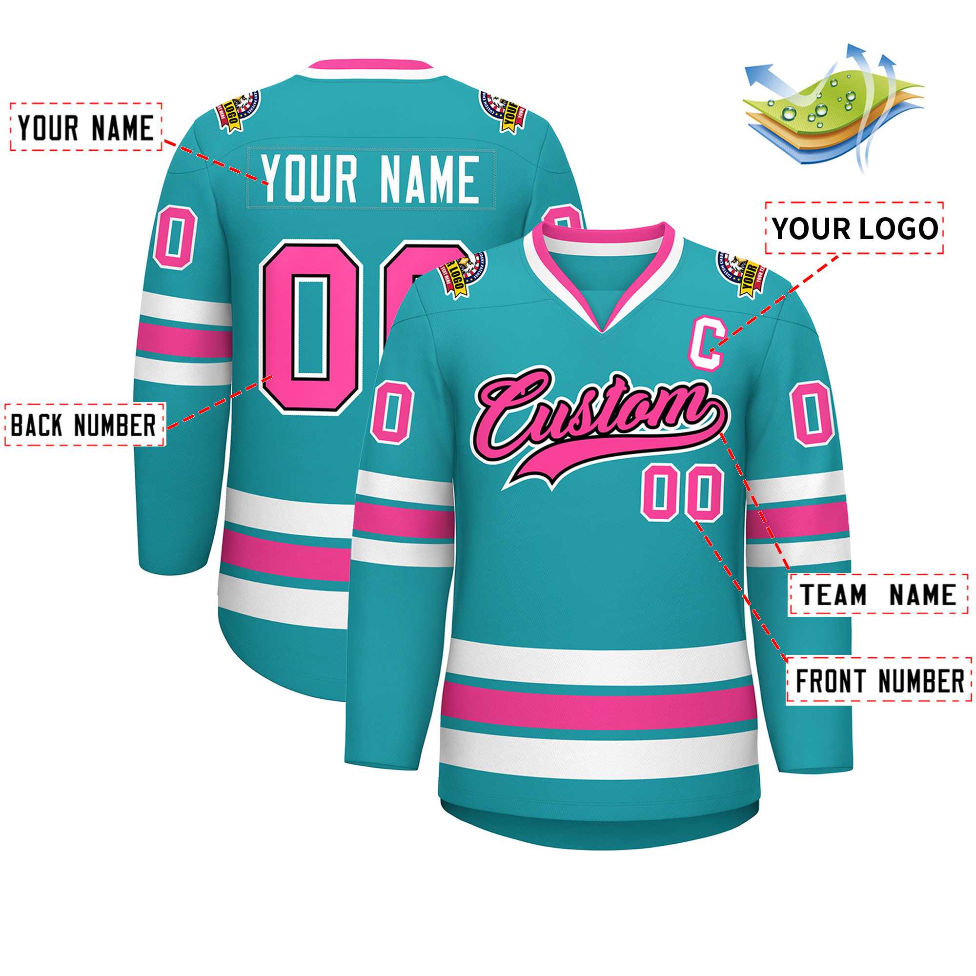 Maillot de hockey de style classique personnalisé Aqua Pink Navy-White