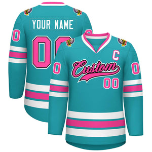 Maillot de hockey de style classique personnalisé Aqua Pink Navy-White