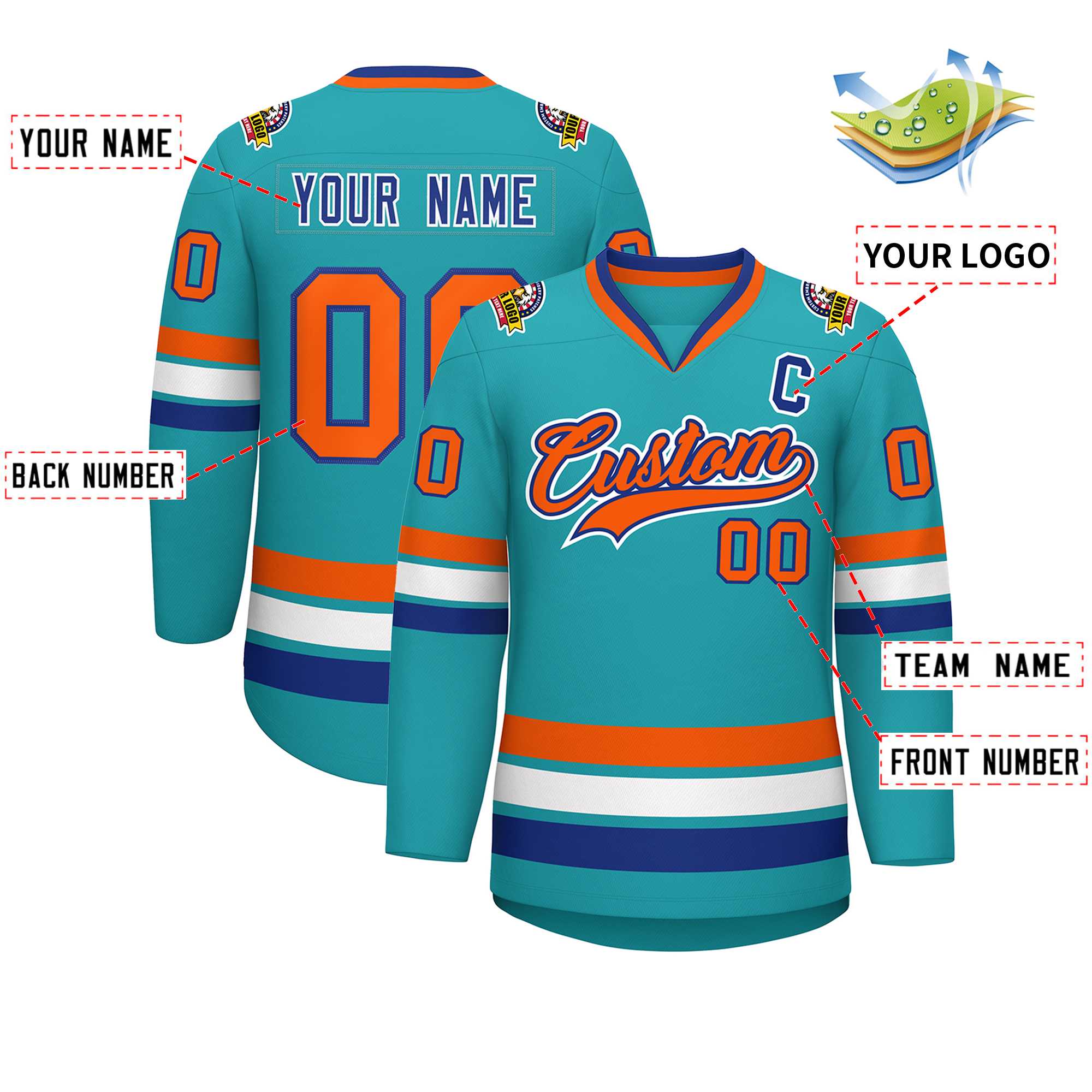 Custom Aqua Orange Royal-White Classic Style Hockey Jersey