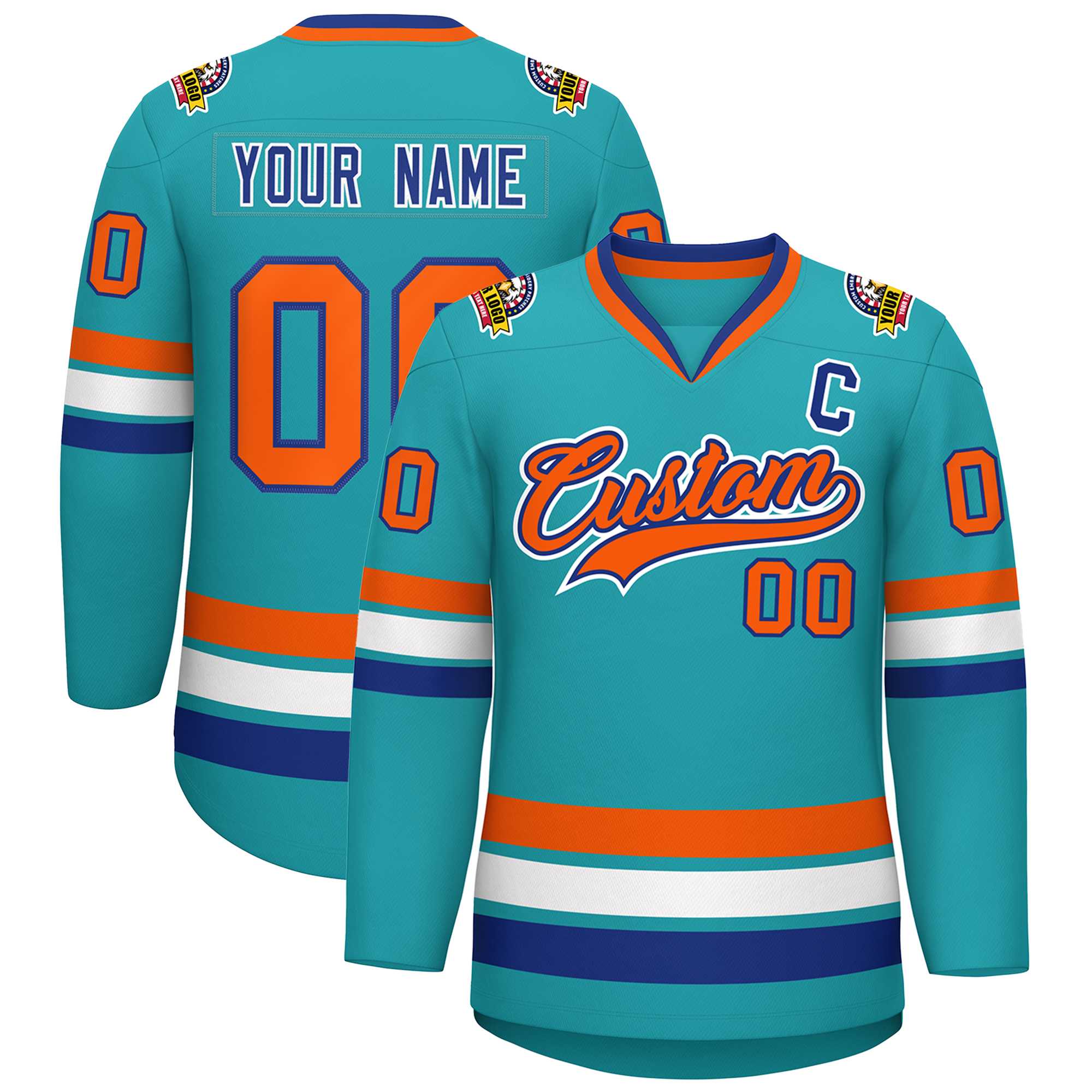 Custom Aqua Orange Royal-White Classic Style Hockey Jersey