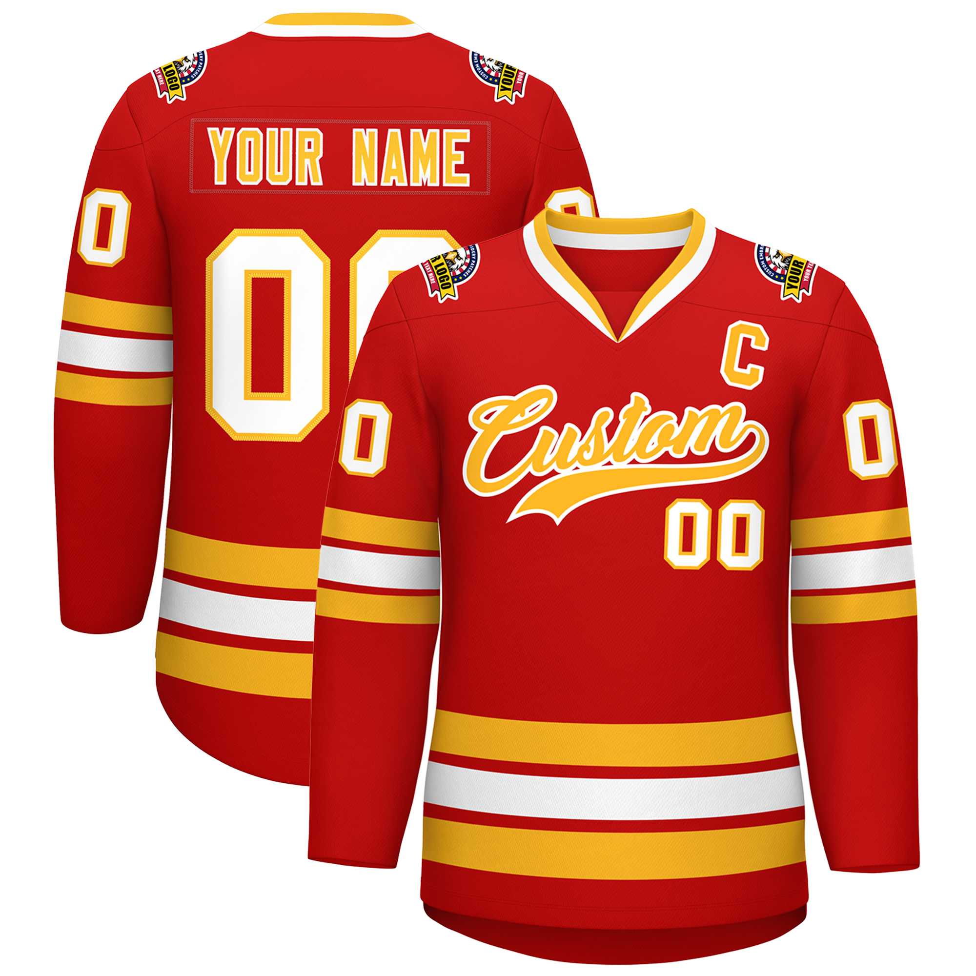 Custom Red Gold-White Classic Style Hockey Jersey