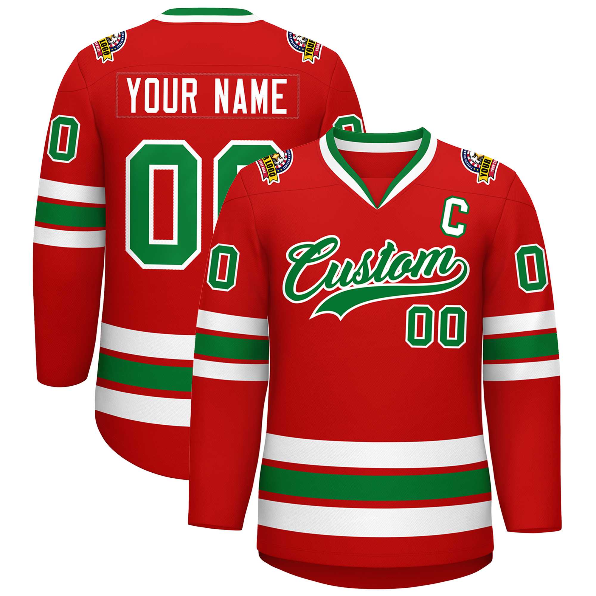 Custom Red Kelly Green-White Classic Style Hockey Jersey