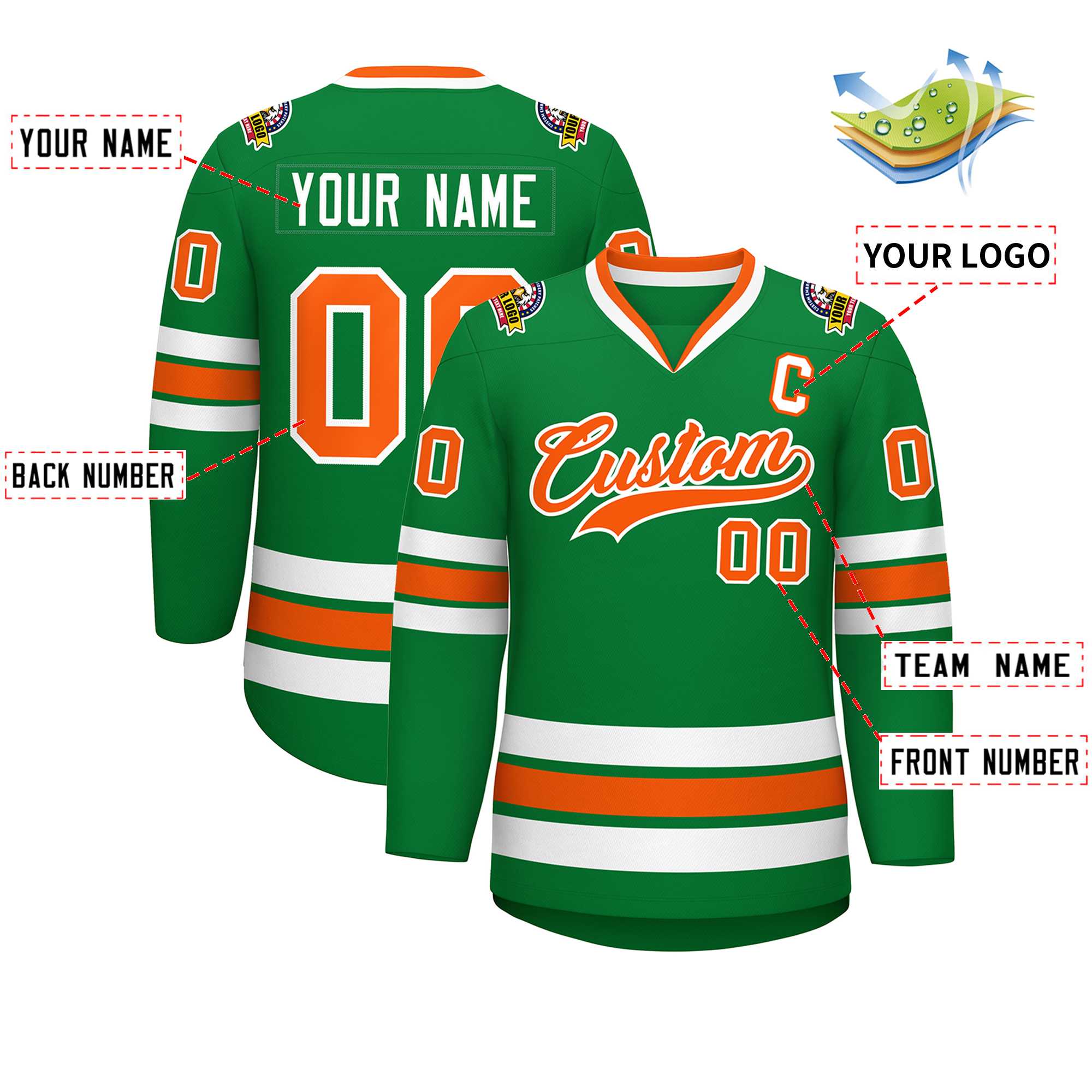 Maillot de hockey de style classique Kelly vert orange-blanc personnalisé