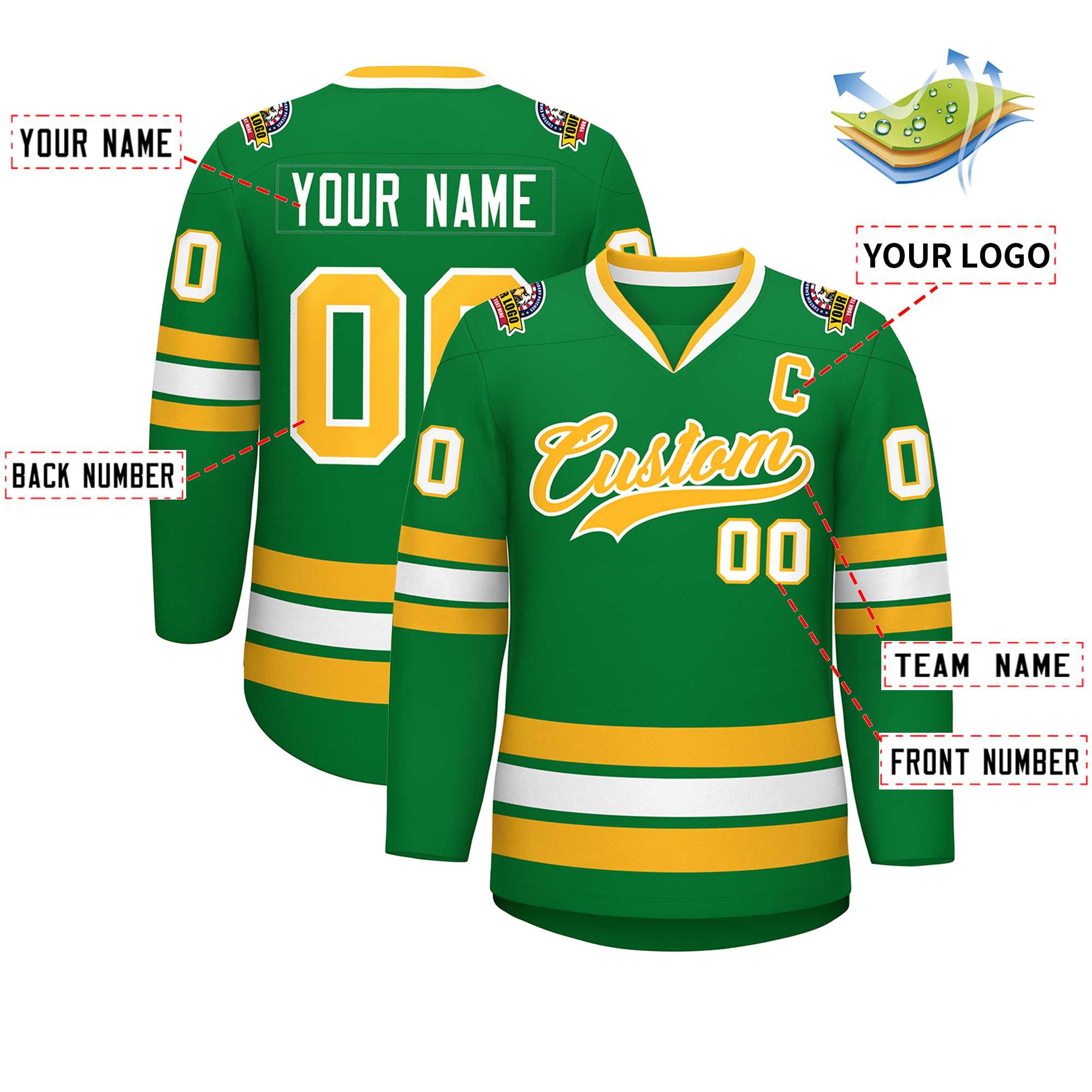 Maillot de hockey de style classique Kelly vert or-blanc personnalisé