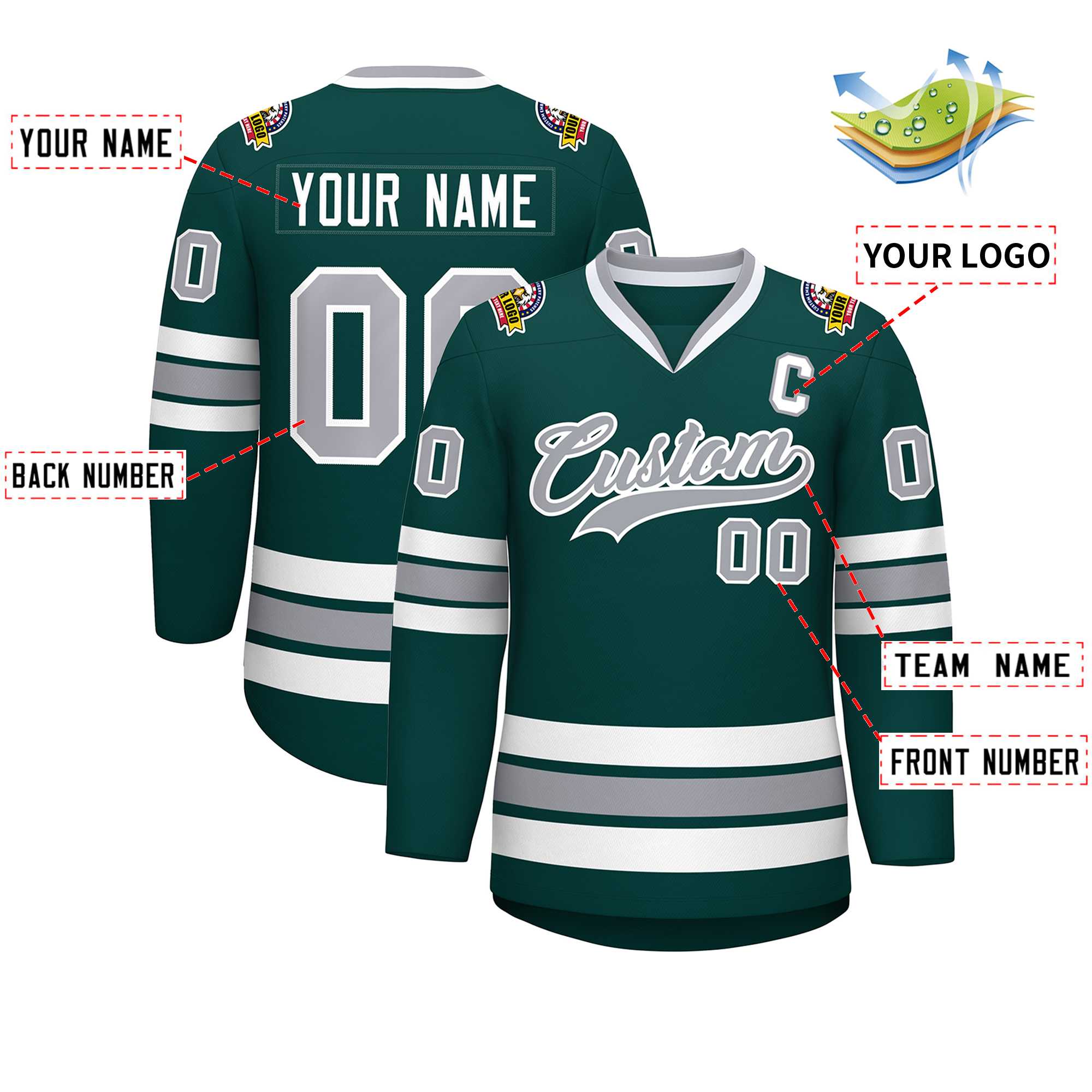 Maillot de hockey personnalisé de style classique, vert minuit, gris-blanc