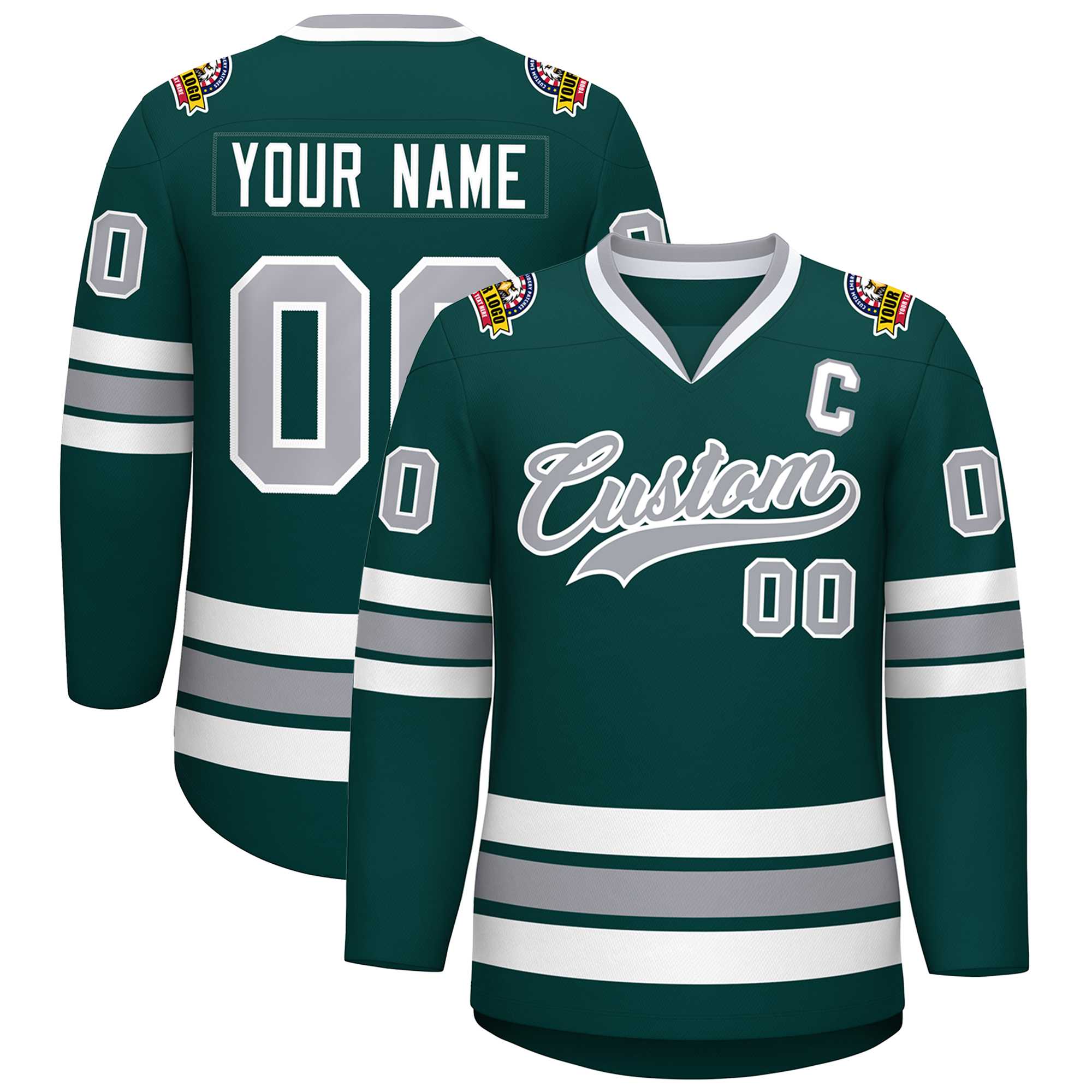 Custom Midnight Green Gray-White Classic Style Hockey Jersey