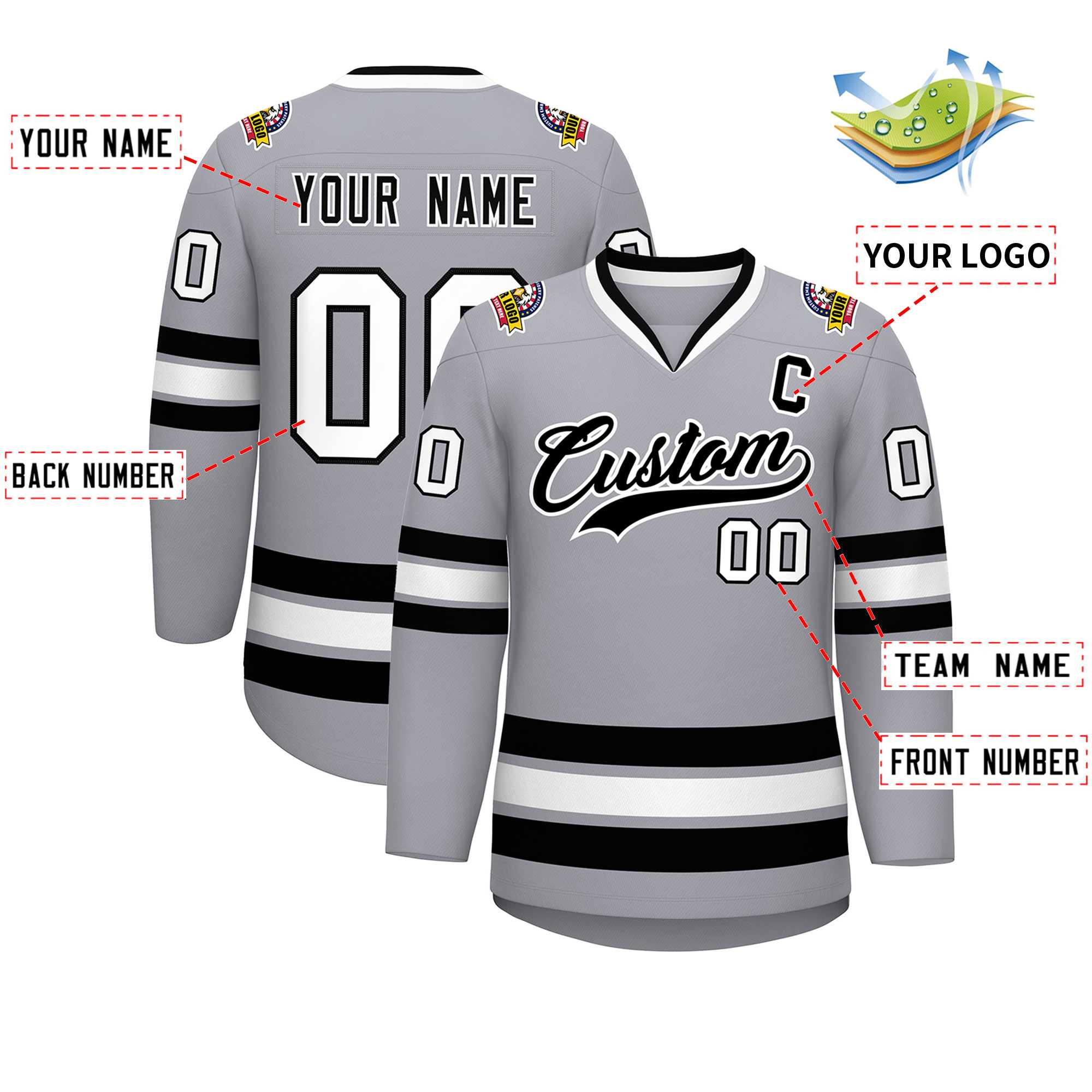 Maillot de hockey de style classique gris noir-blanc personnalisé