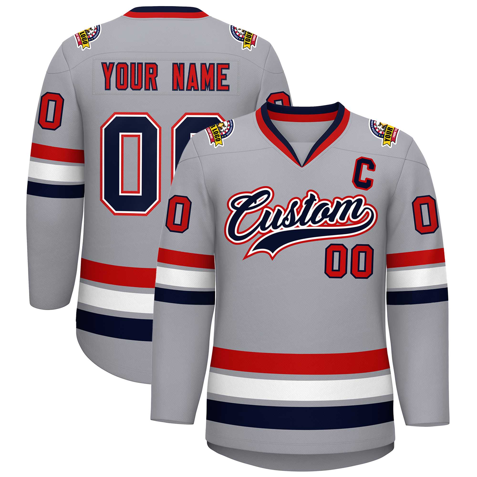 Custom Gray Navy White-Red Classic Style Hockey Jersey