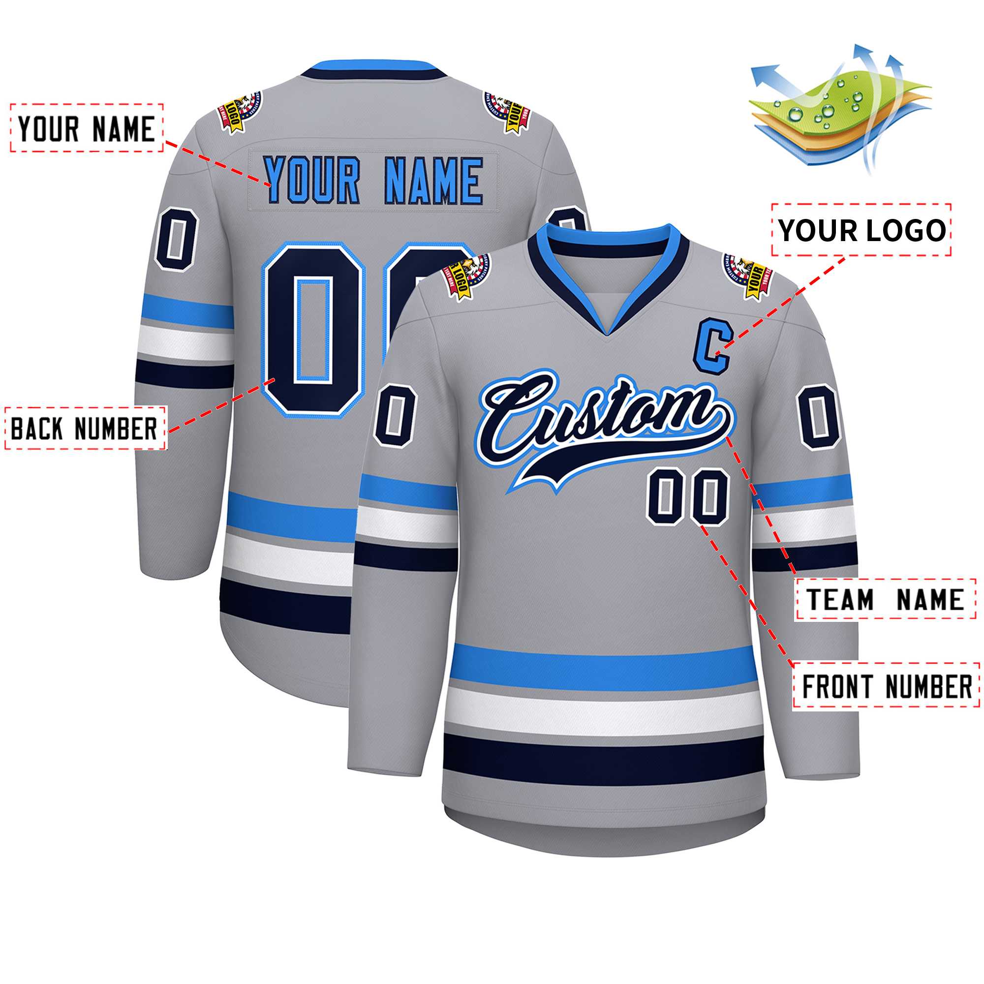 Maillot de hockey personnalisé gris marine blanc-bleu poudre, style classique