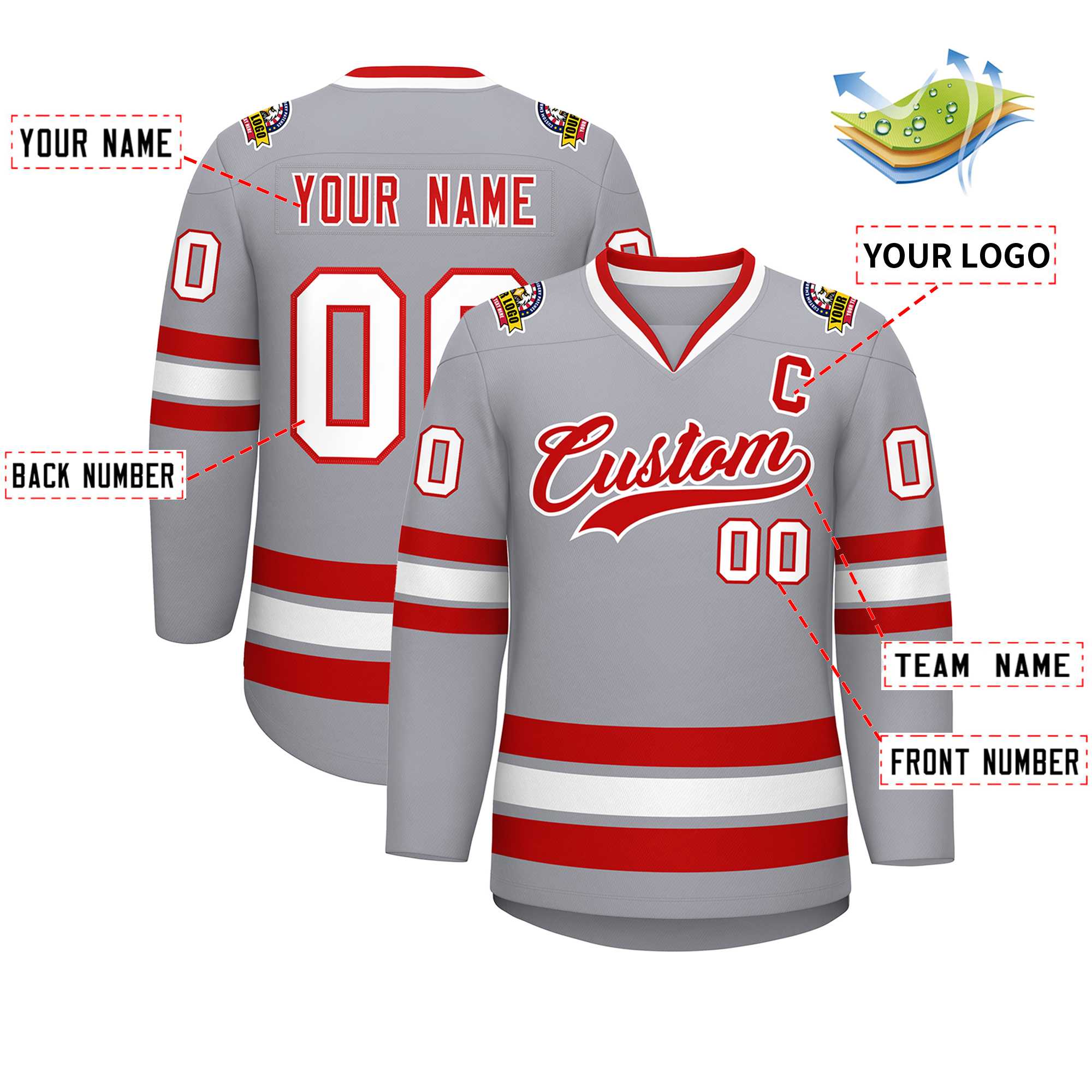 Maillot de hockey de style classique gris rouge-blanc personnalisé