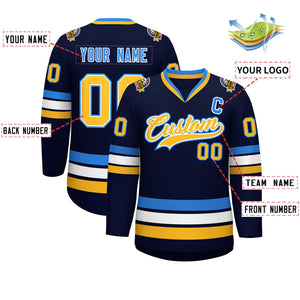 Custom Navy Gold White-Powder Blue Classic Style Hockey Jersey