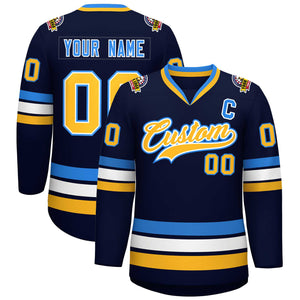 Custom Navy Gold White-Powder Blue Classic Style Hockey Jersey