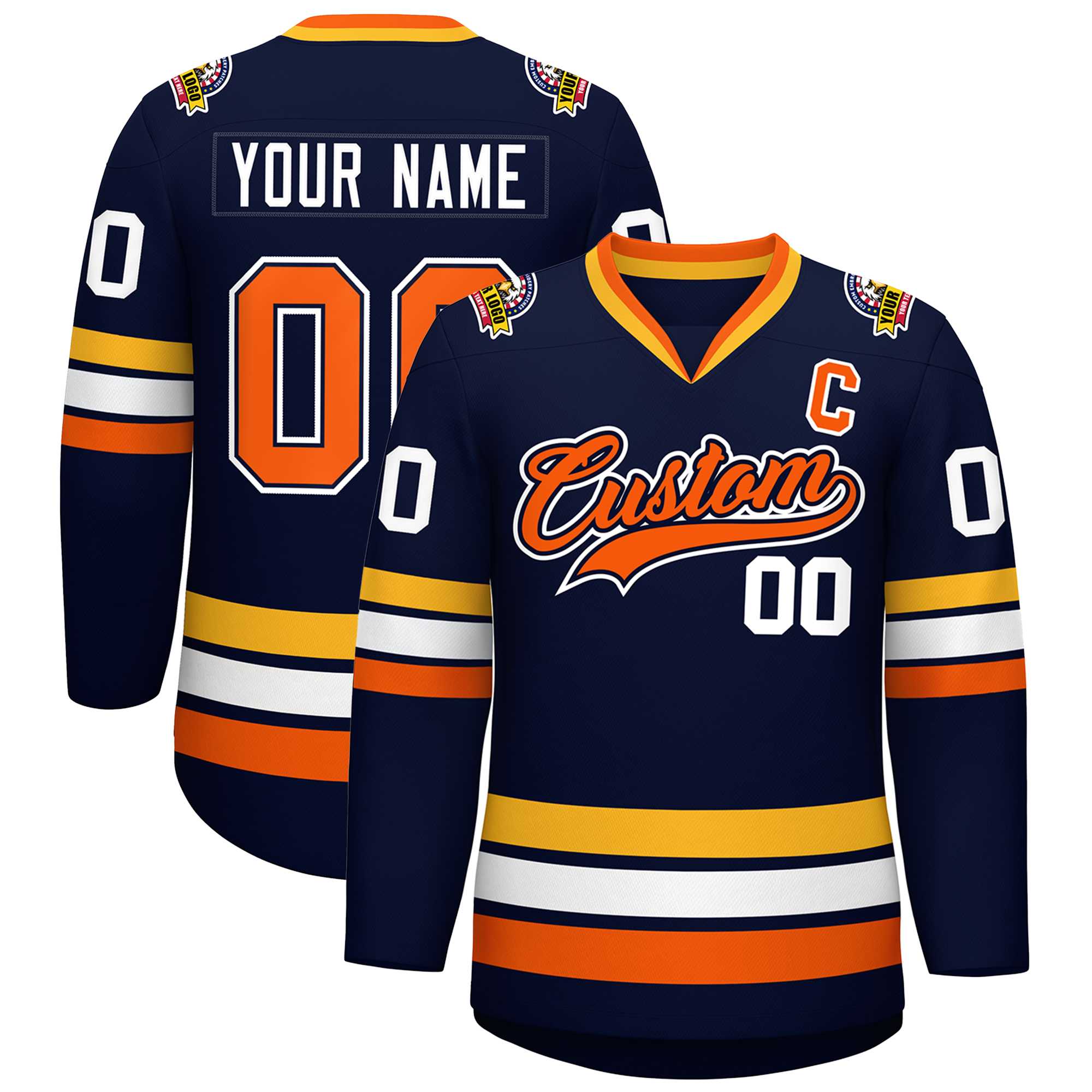 Custom Navy Orange Navy-White Classic Style Hockey Jersey