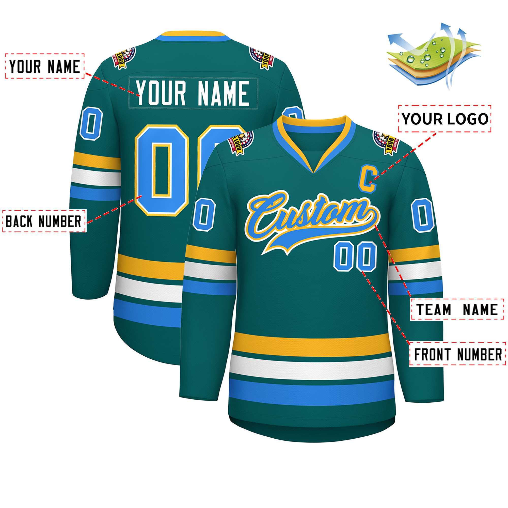 Custom Aqua Powder Blue White-Gold Classic Style Hockey Jersey