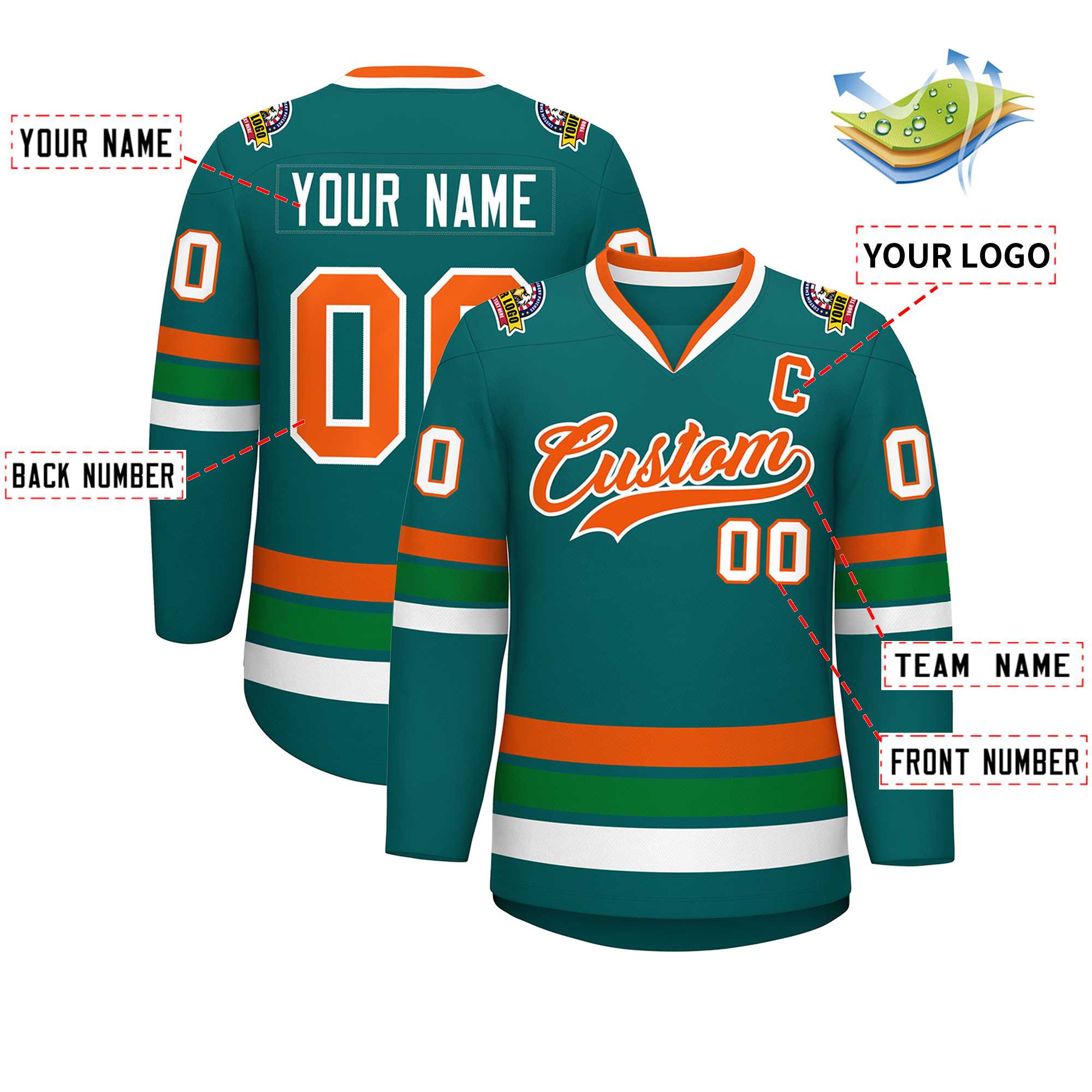 Custom Aqua Orange-White Classic Style Hockey Jersey