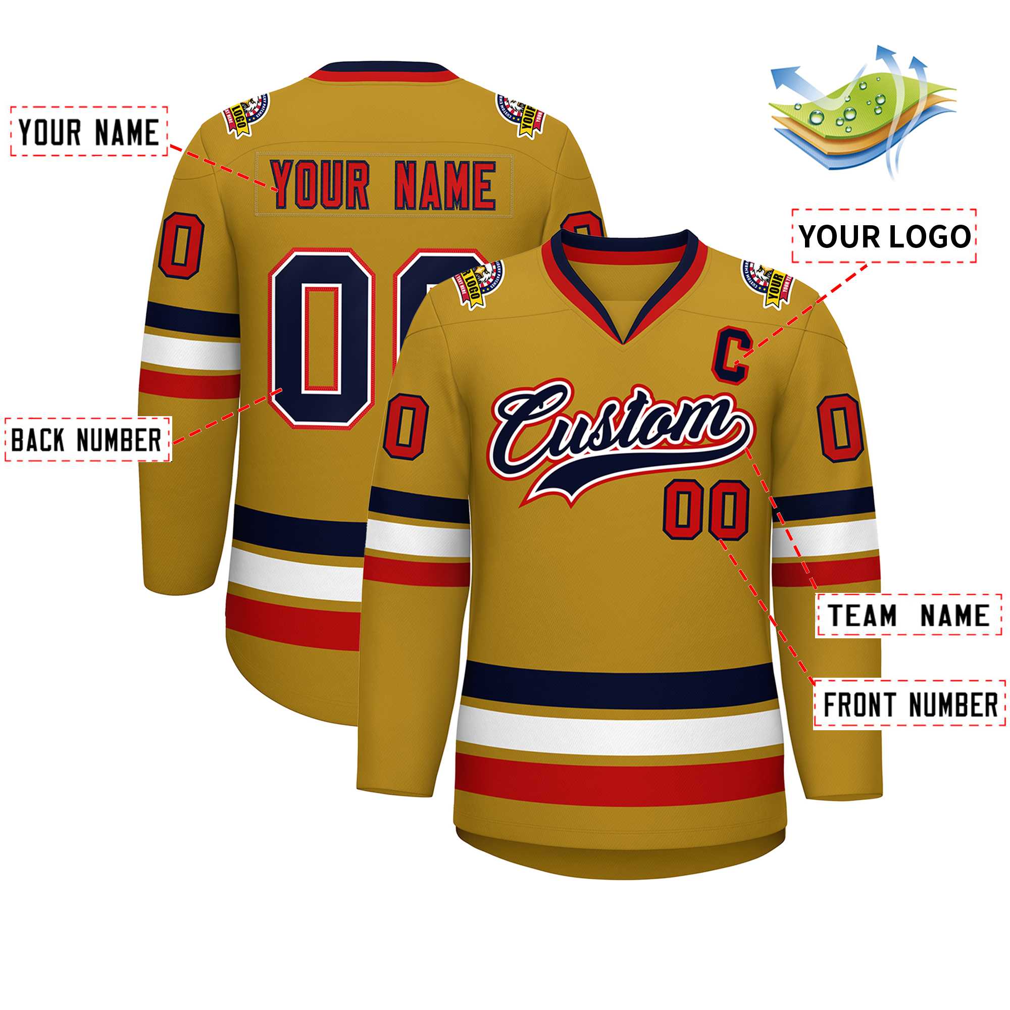 Custom Old Gold Navy White-Red Classic Style Hockey Jersey