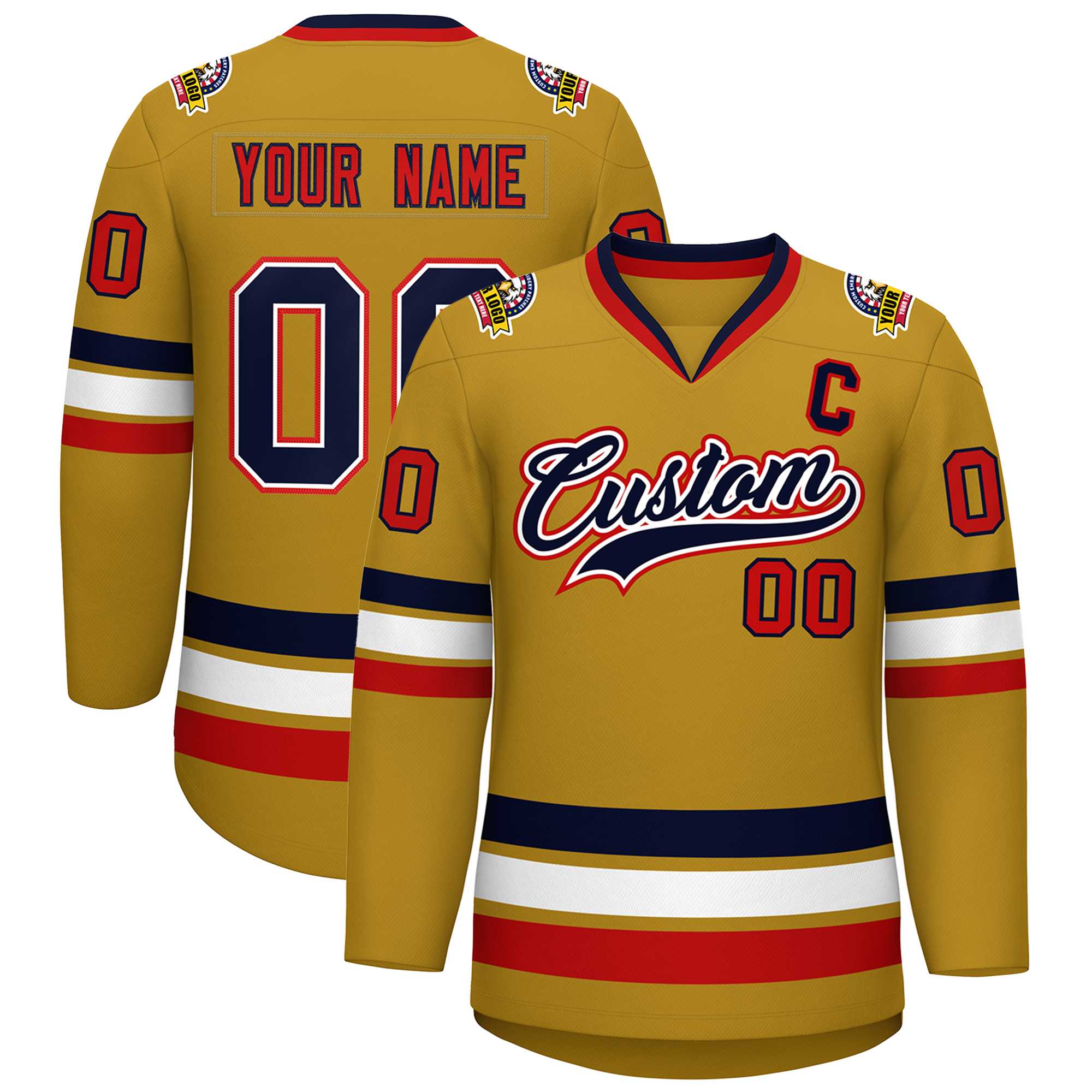 Custom Old Gold Navy White-Red Classic Style Hockey Jersey