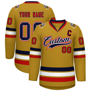 Custom Old Gold Navy White-Red Classic Style Hockey Jersey