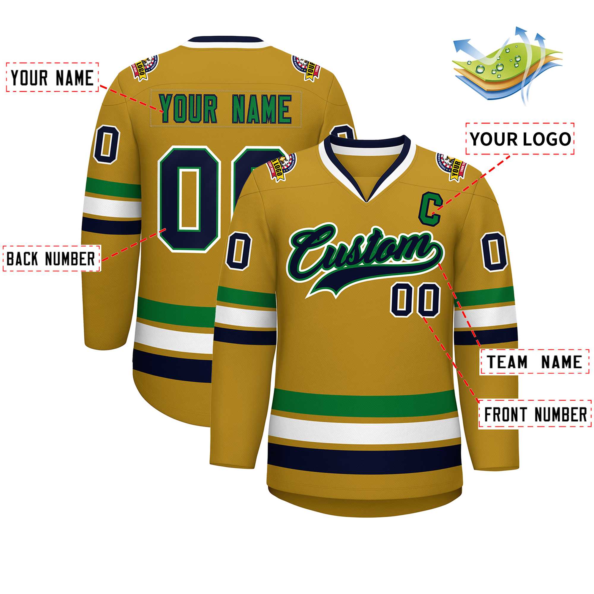 Custom Old Gold Navy Kelly Green-White Classic Style Hockey Jersey