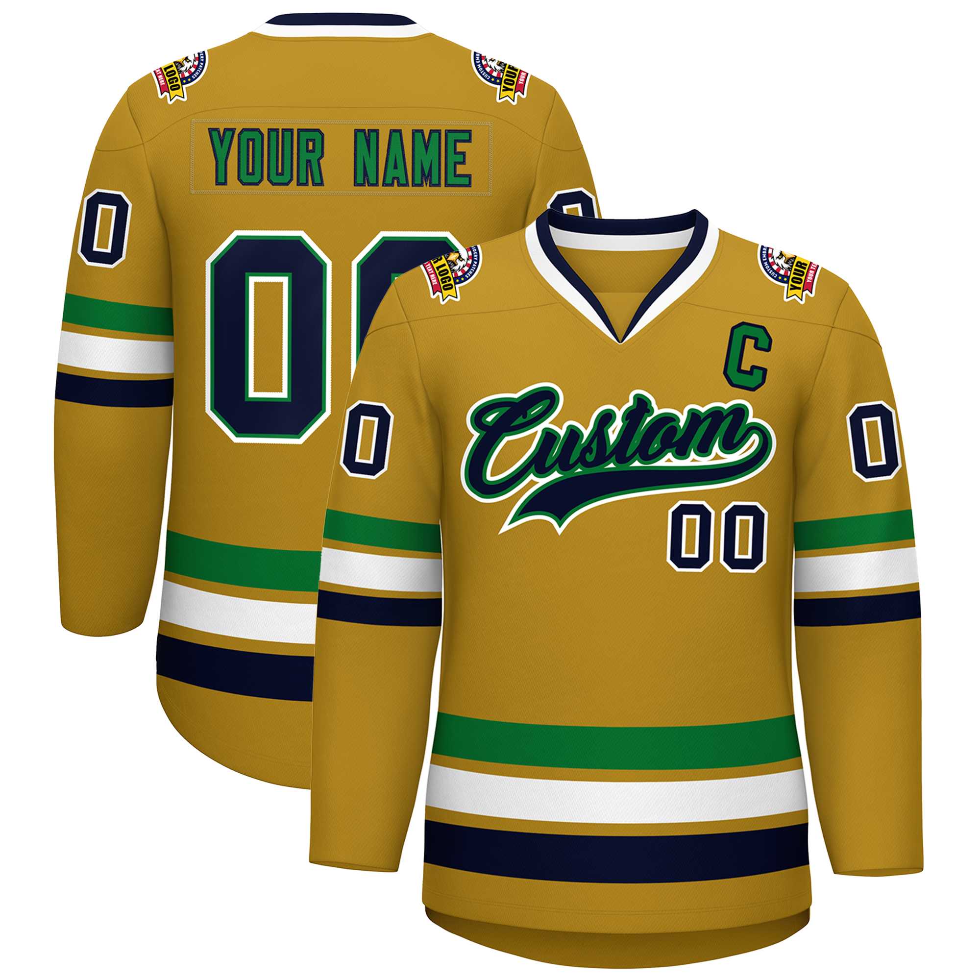 Custom Old Gold Navy Kelly Green-White Classic Style Hockey Jersey