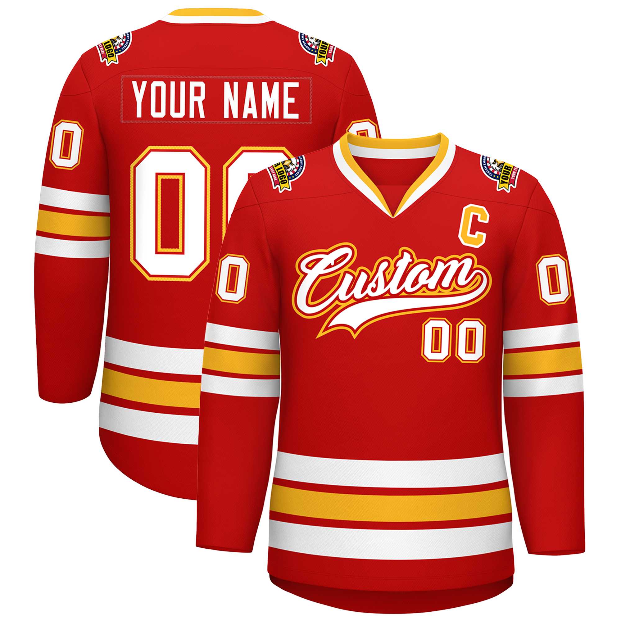 Custom Red White Red-Gold Classic Style Hockey Jersey