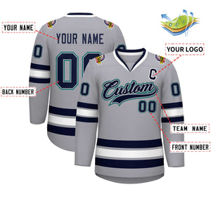 Custom Gray Navy Gray-Aqua Classic Style Hockey Jersey